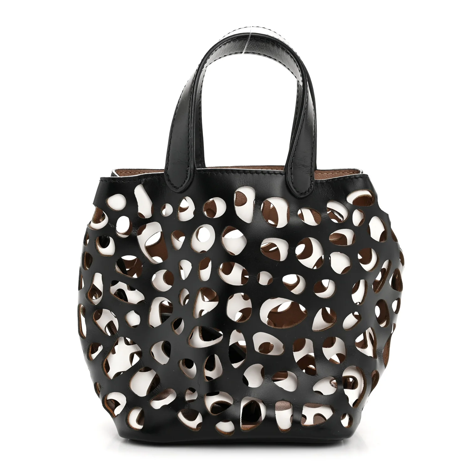 Calfskin Laser Cut Bucket Bag Black White - Image 2