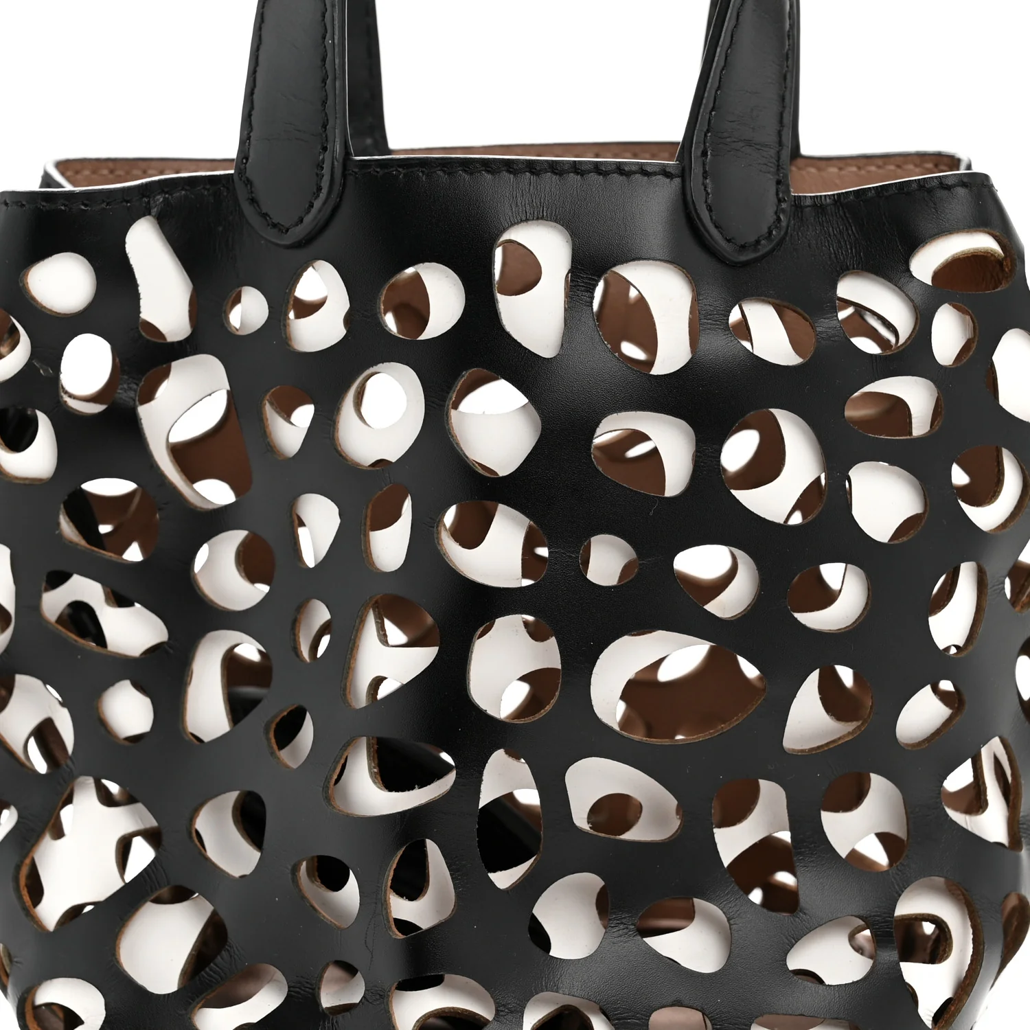 Calfskin Laser Cut Bucket Bag Black White - Image 20