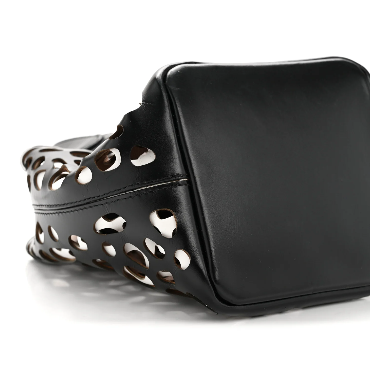 Calfskin Laser Cut Bucket Bag Black White - Image 23