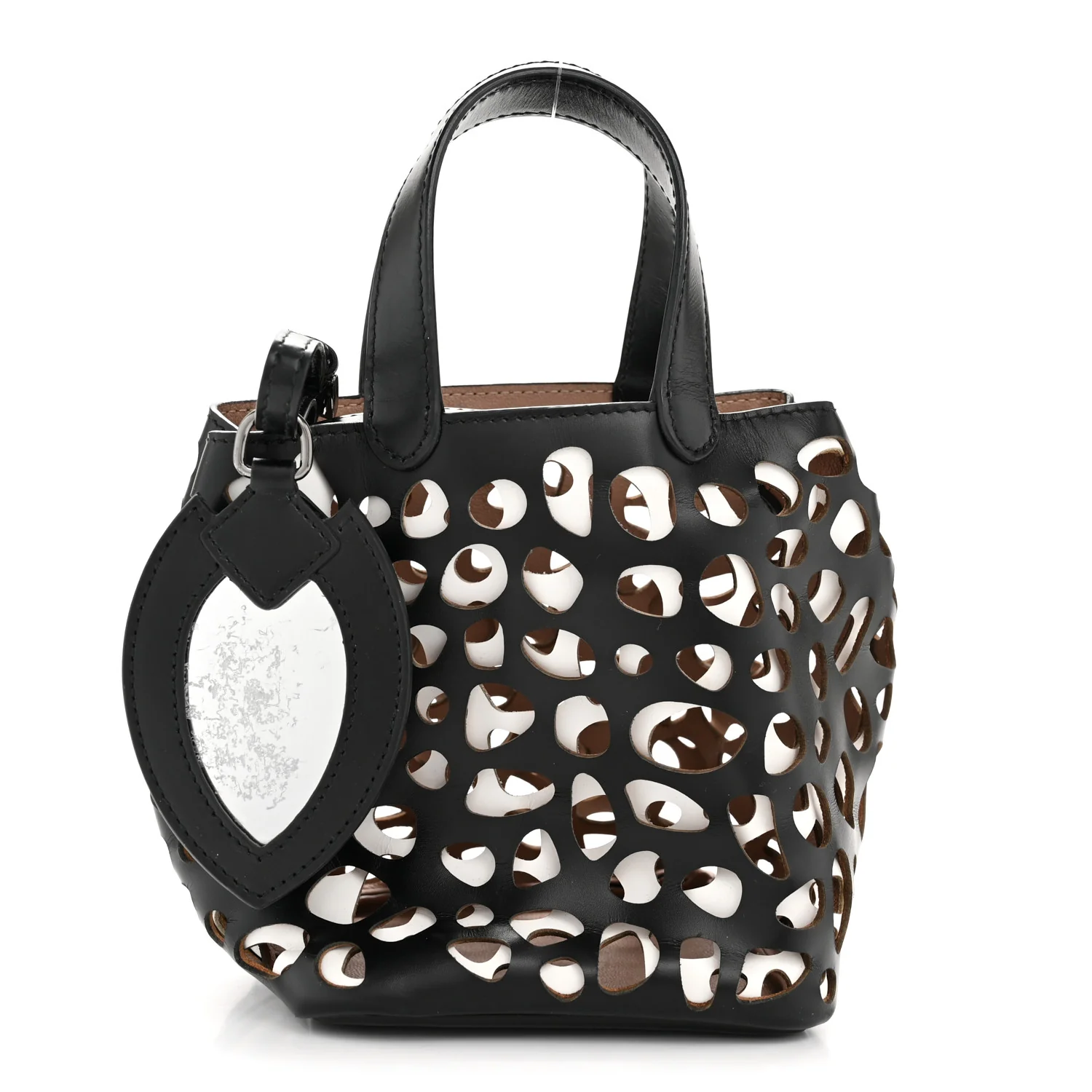 Calfskin Laser Cut Bucket Bag Black White - Image 6