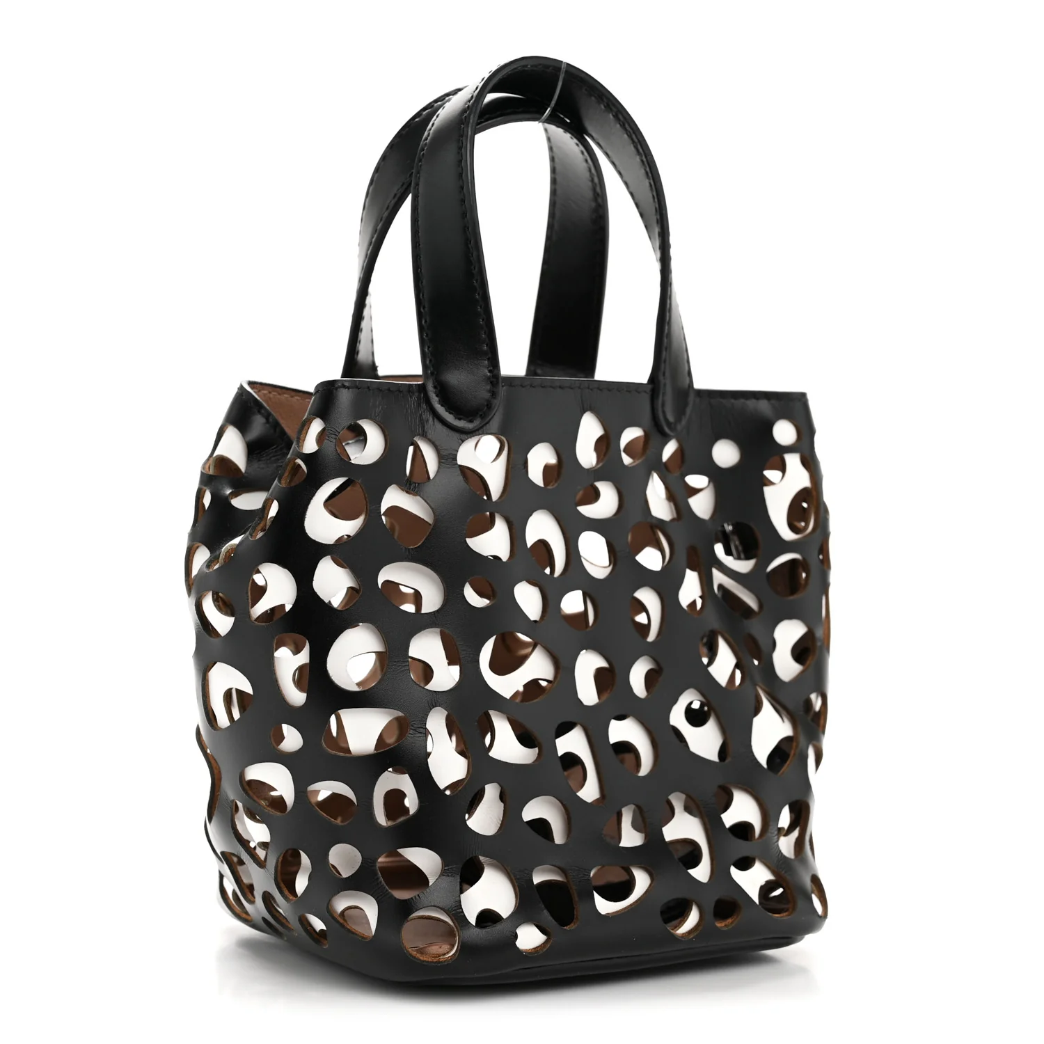 Calfskin Laser Cut Bucket Bag Black White - Image 8
