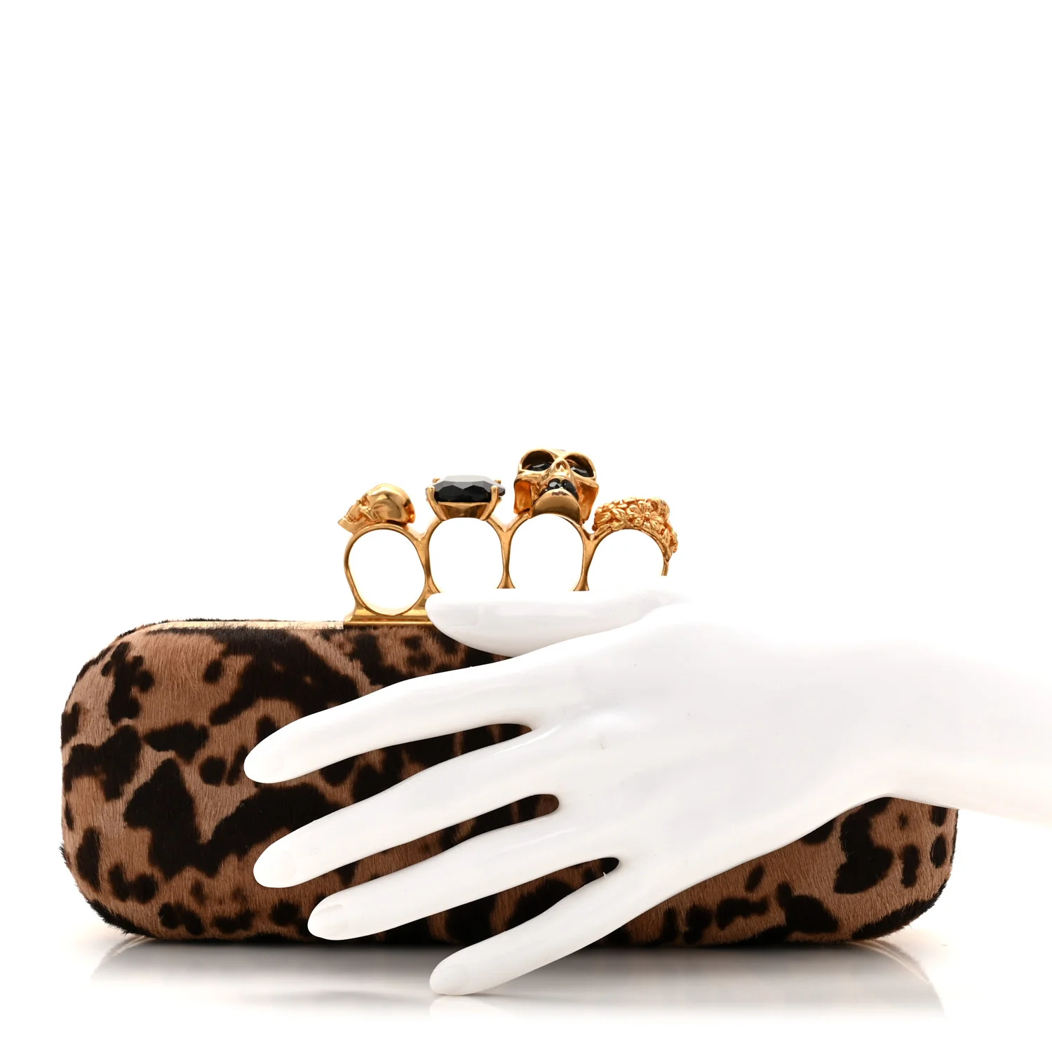 Calf Hair Leopard Print Knuckle Box Clutch Brown Black - Image 2