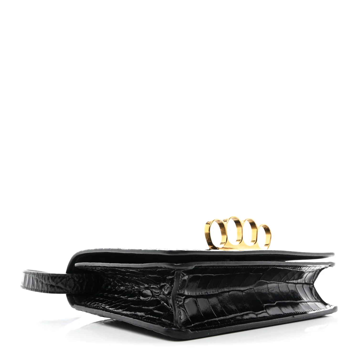 Calfskin Crocodile Embossed Four Ring Knuckle Crossbody Bag Black - Image 4