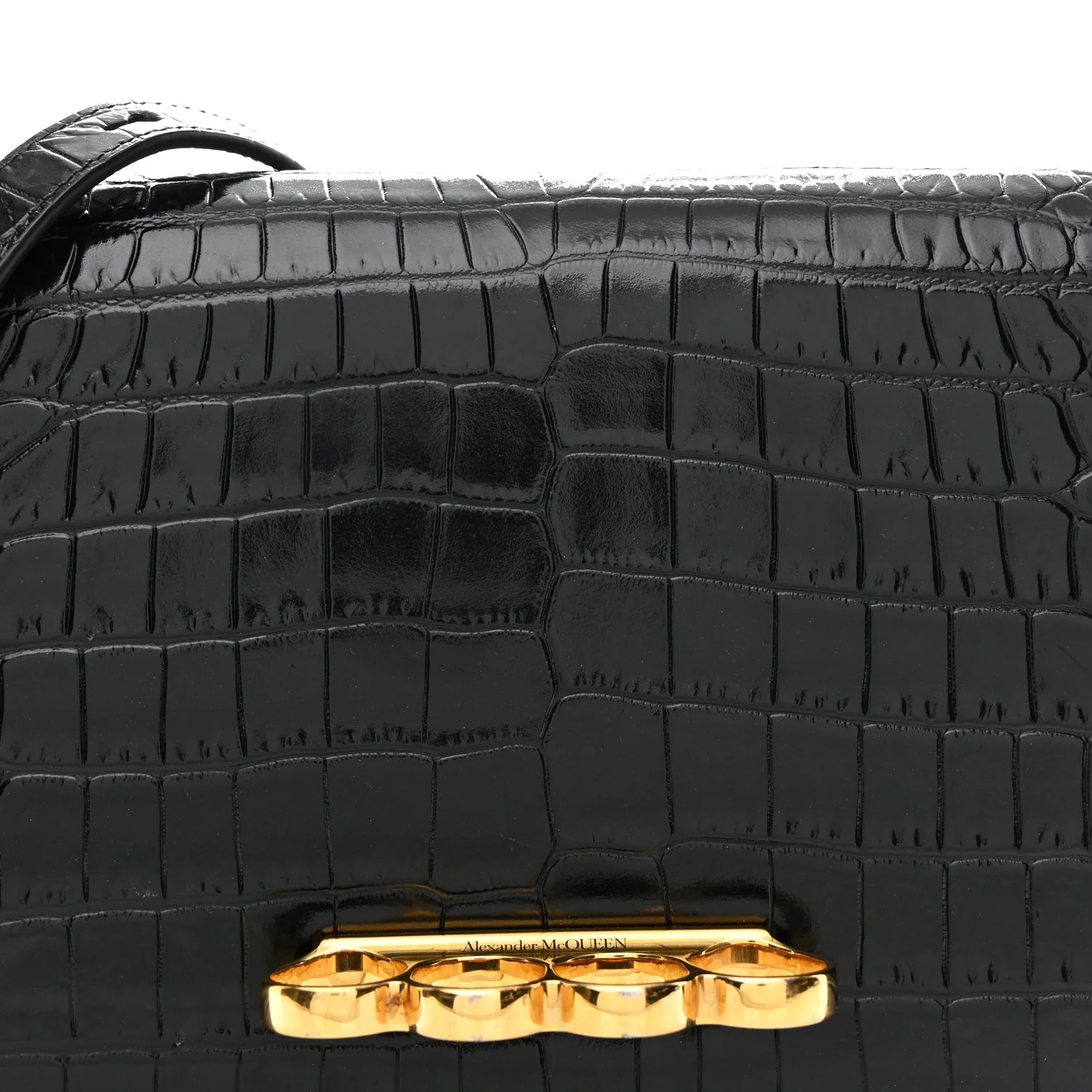 Calfskin Crocodile Embossed Four Ring Knuckle Crossbody Bag Black - Image 8