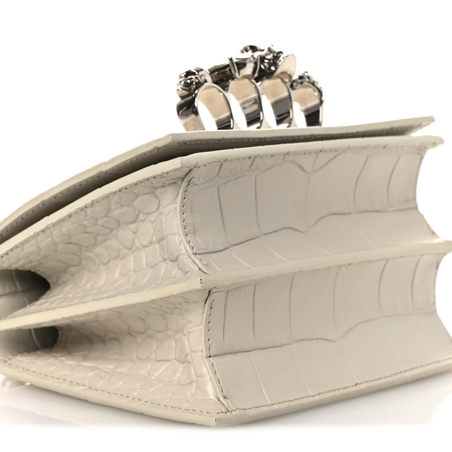 Calfskin Crocodile Embossed Jeweled Shoulder Bag White - Image 15
