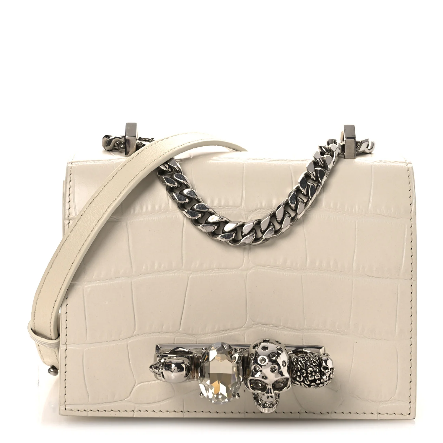 Calfskin Crocodile Embossed Jeweled Shoulder Bag White - Image 2