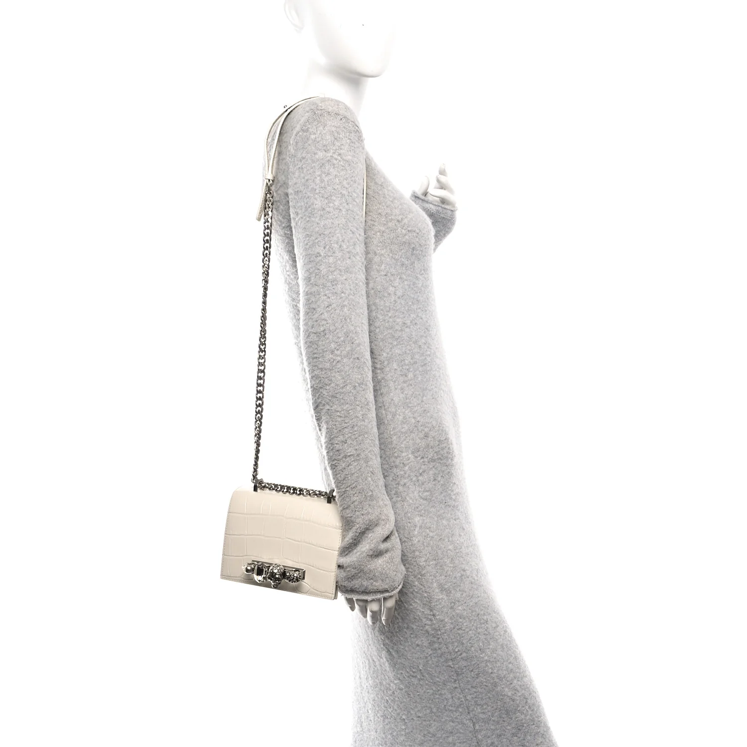 Calfskin Crocodile Embossed Jeweled Shoulder Bag White - Image 3
