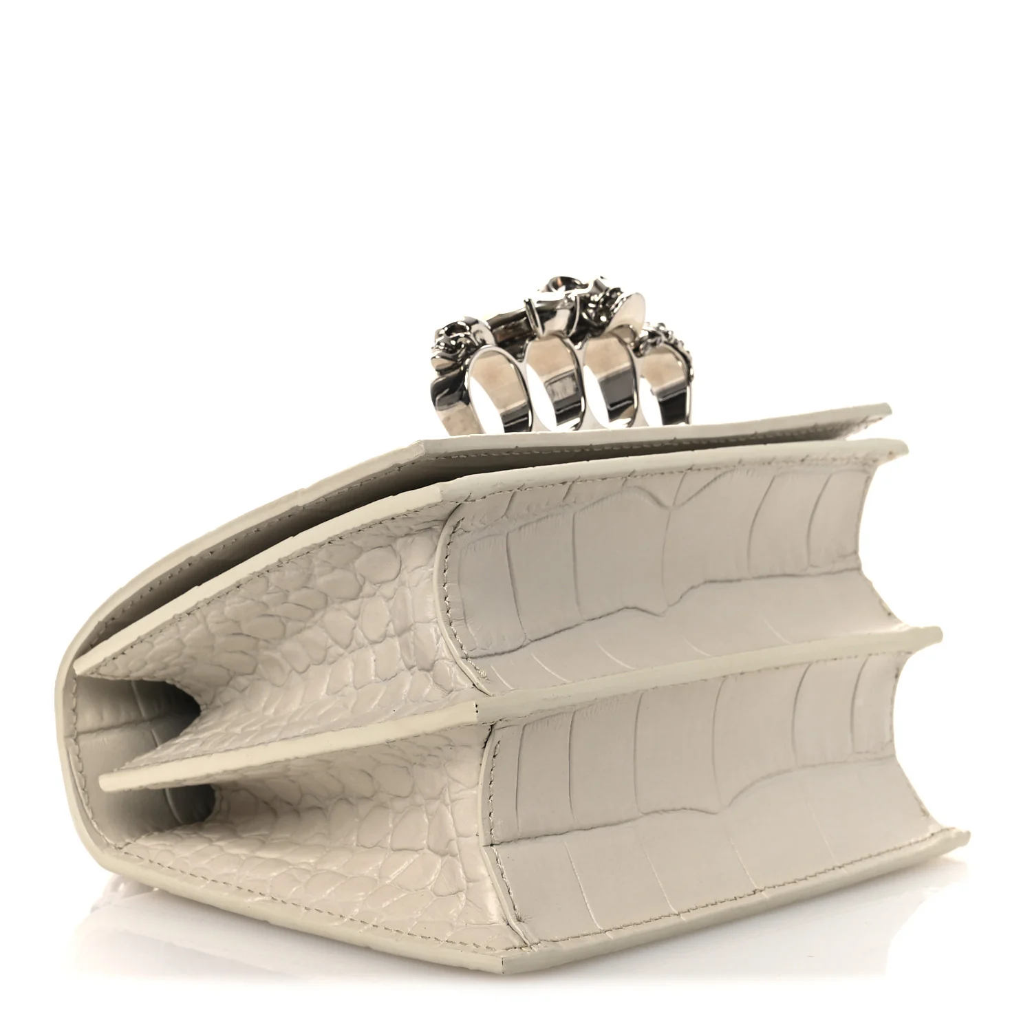 Calfskin Crocodile Embossed Jeweled Shoulder Bag White - Image 6