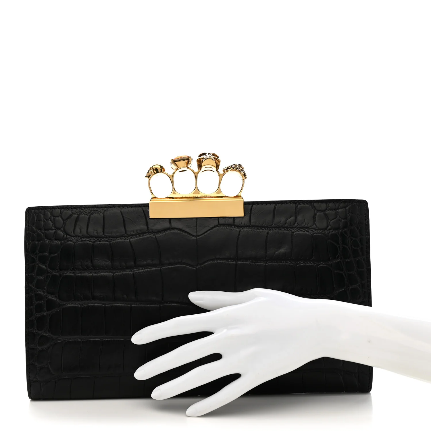 Calfskin Crocodile Embossed Knuckle Flat Clutch Black Gold - Image 2