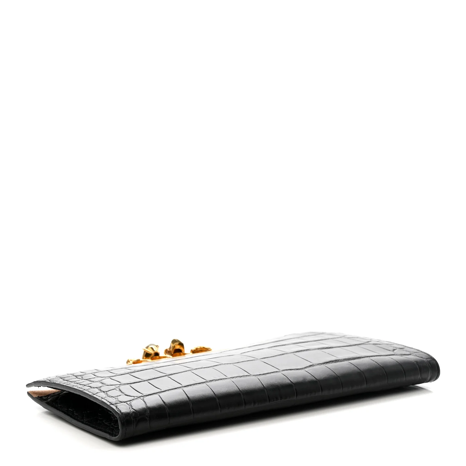 Calfskin Crocodile Embossed Knuckle Flat Clutch Black Gold - Image 4