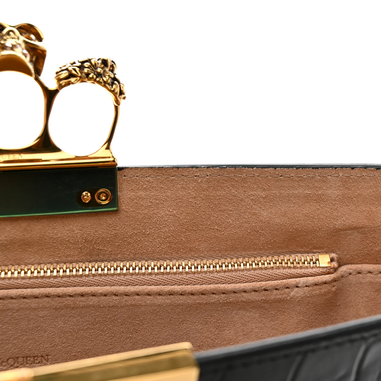 Calfskin Crocodile Embossed Knuckle Flat Clutch Black Gold - Image 8