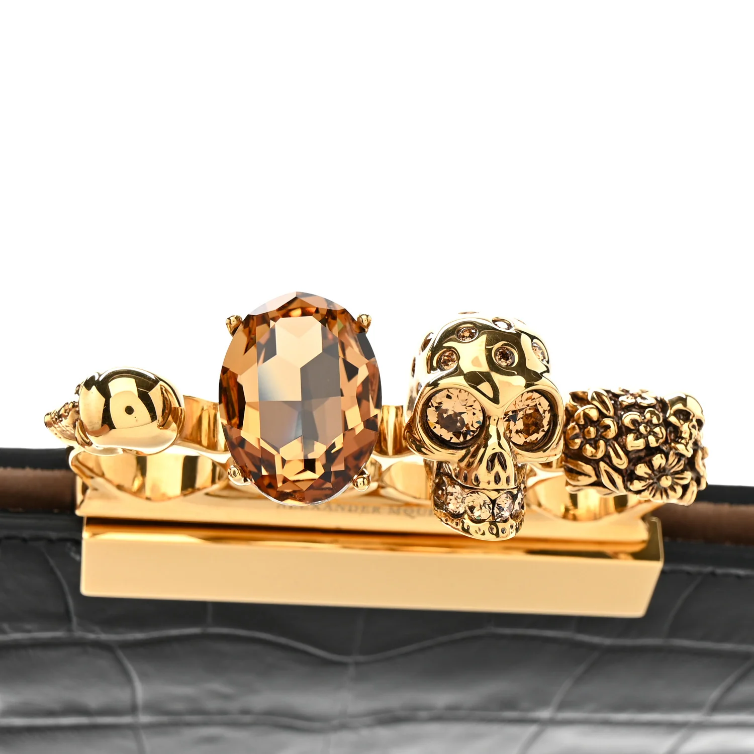 Calfskin Crocodile Embossed Knuckle Flat Clutch Black Gold - Image 9