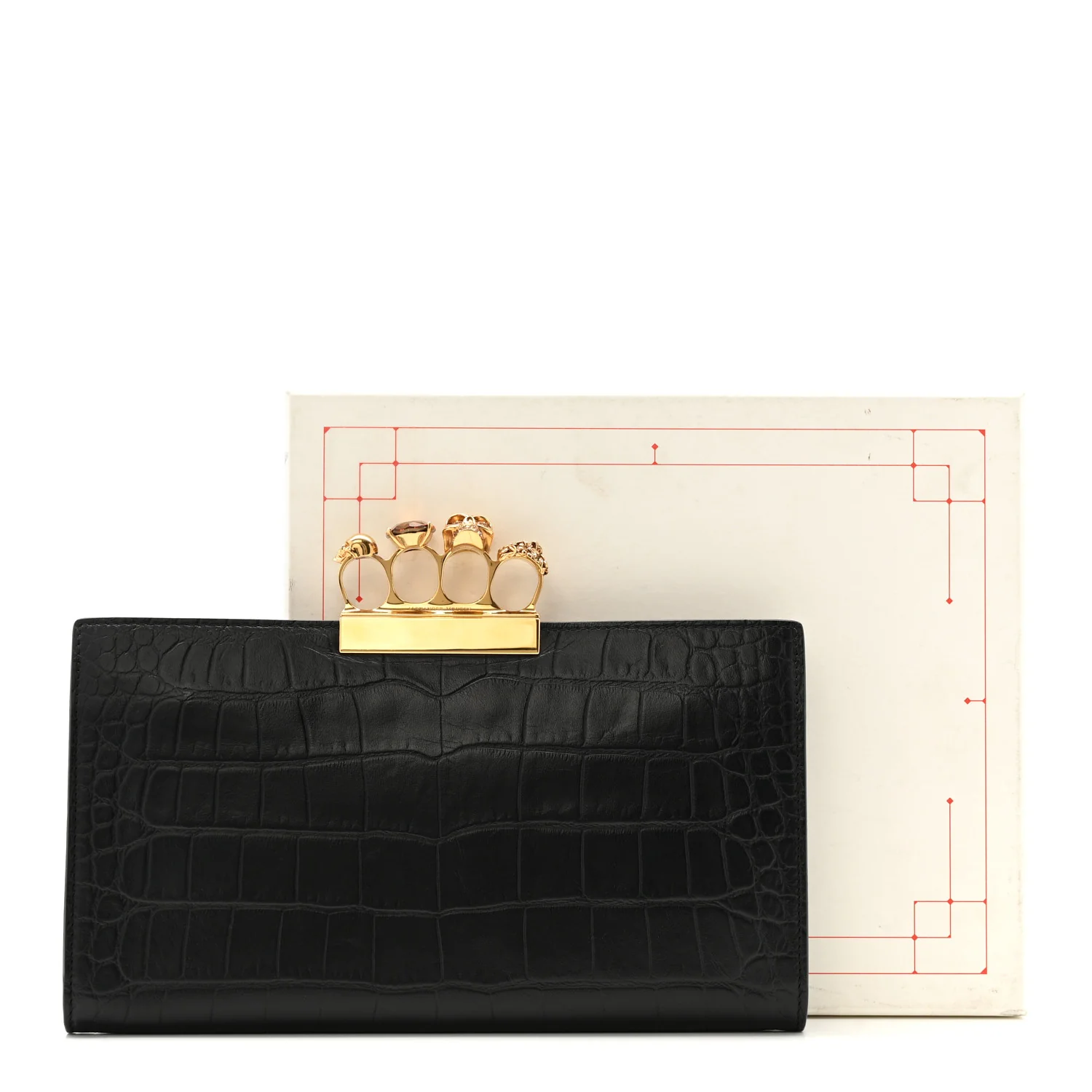 Calfskin Crocodile Embossed Knuckle Flat Clutch Black Gold - Image 16