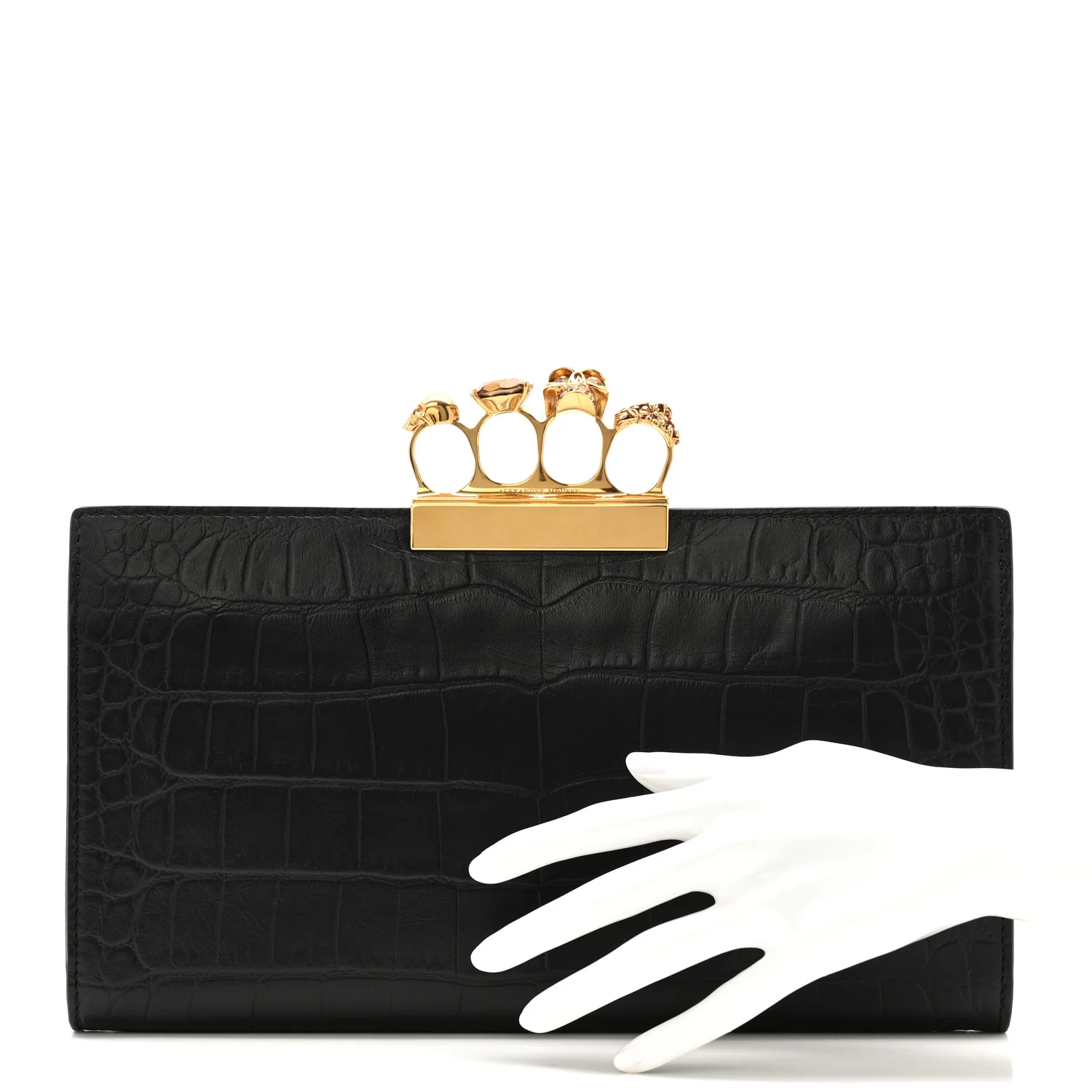 Calfskin Crocodile Embossed Knuckle Flat Clutch Black Gold - Image 3