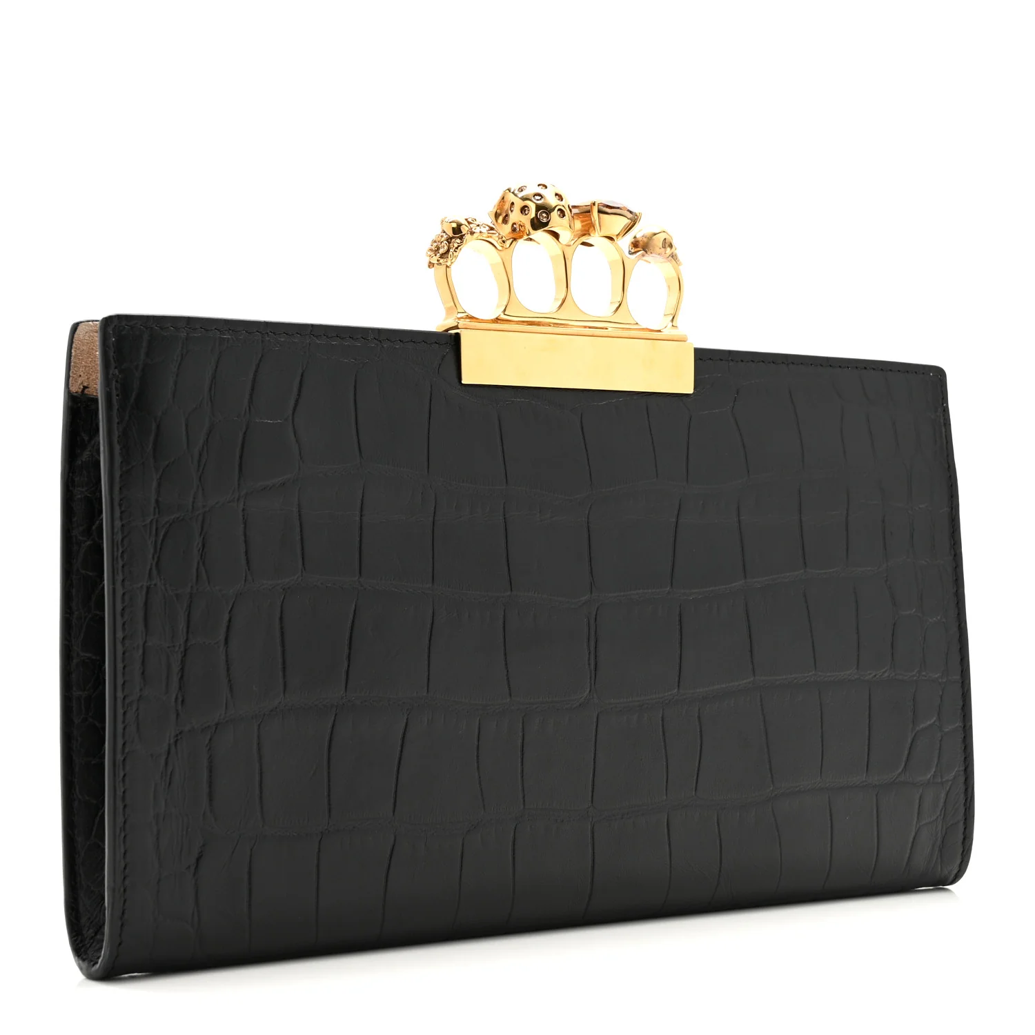 Calfskin Crocodile Embossed Knuckle Flat Clutch Black Gold - Image 5