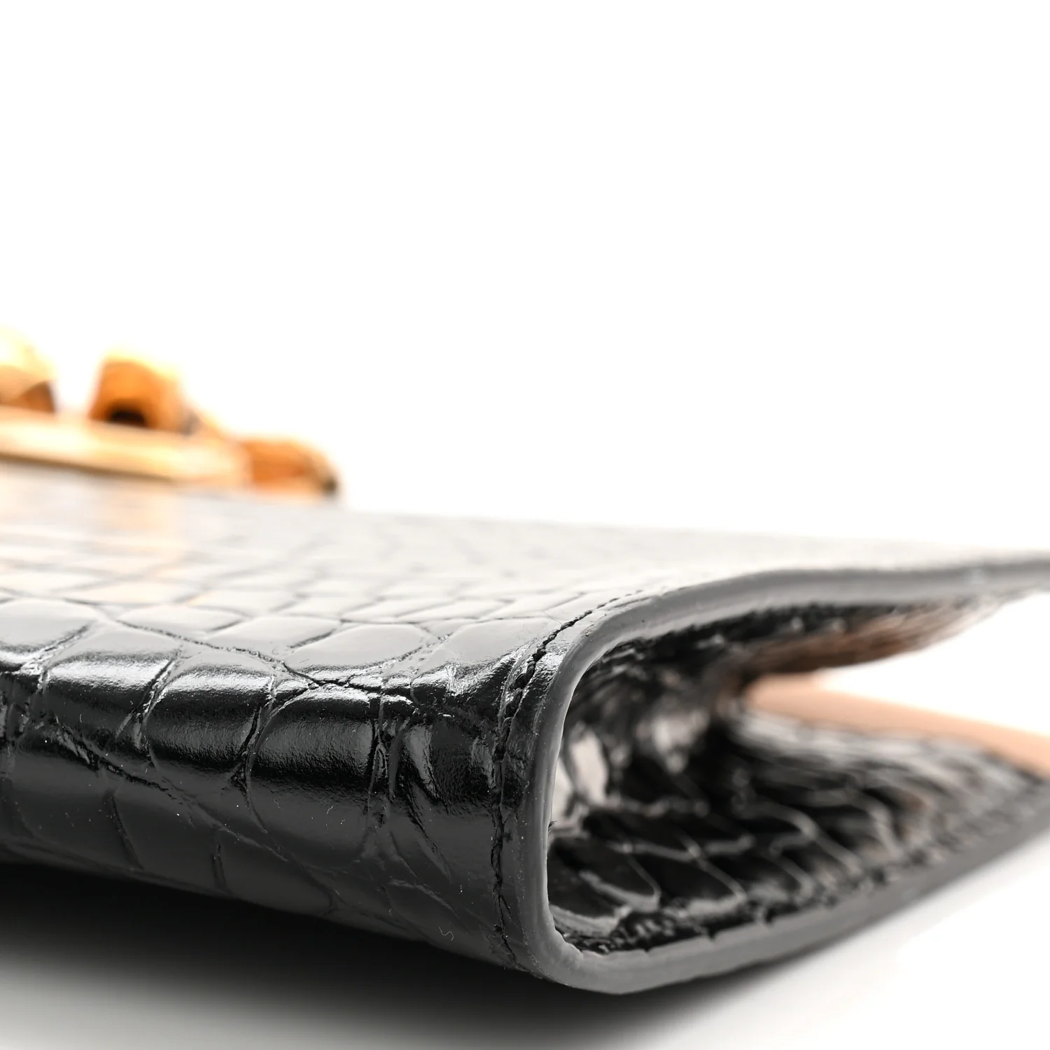 Calfskin Crocodile Embossed Knuckle Flat Clutch Black Gold - Image 17