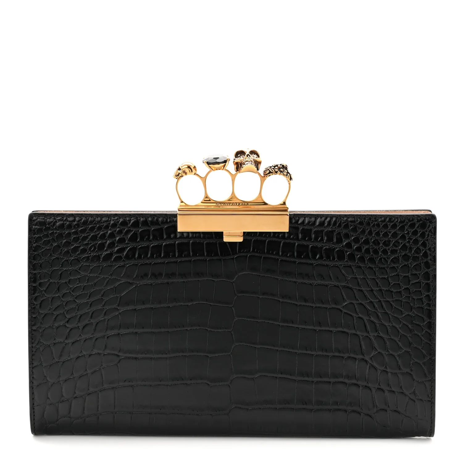 Calfskin Crocodile Embossed Knuckle Flat Clutch Black Gold - Image 2