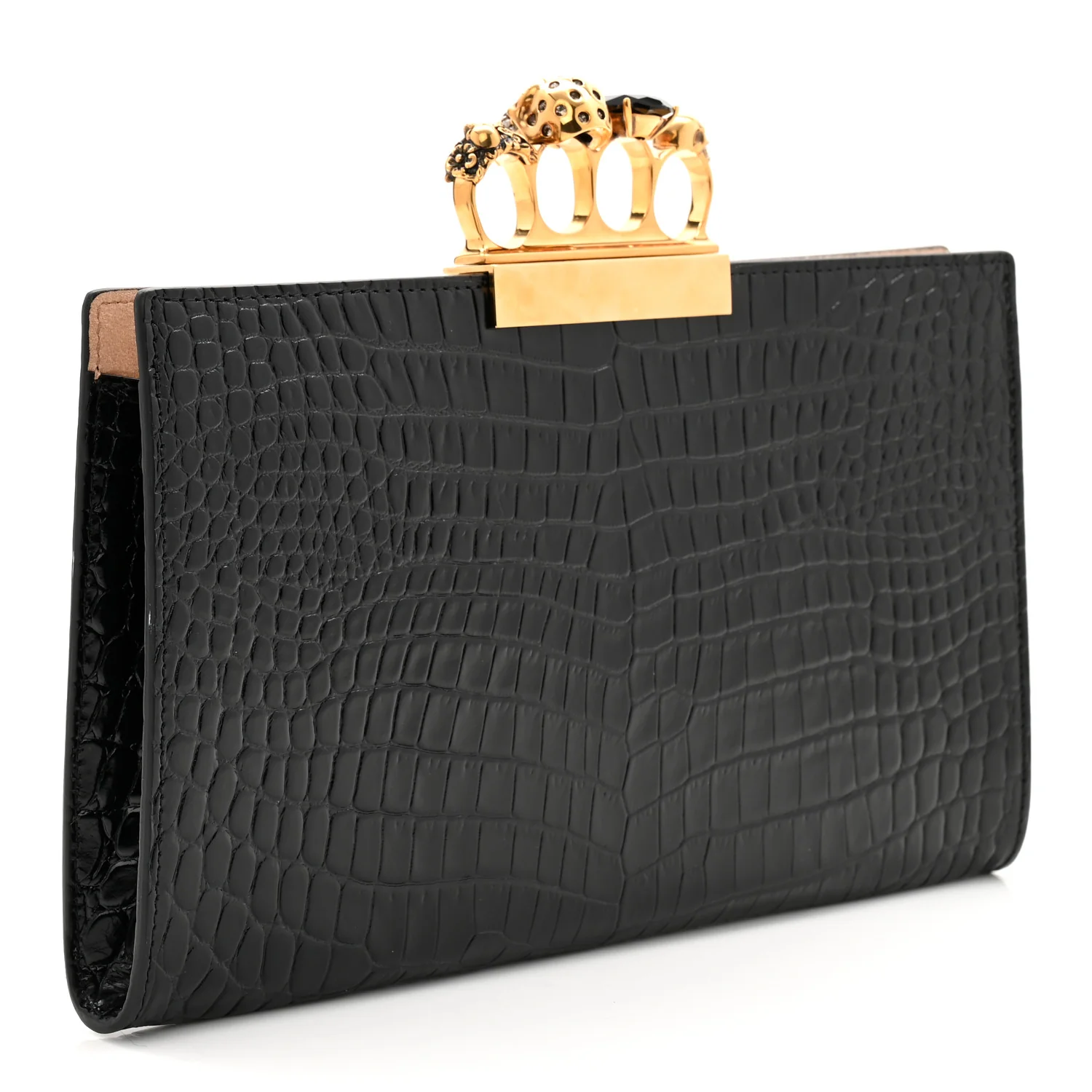 Calfskin Crocodile Embossed Knuckle Flat Clutch Black Gold - Image 5