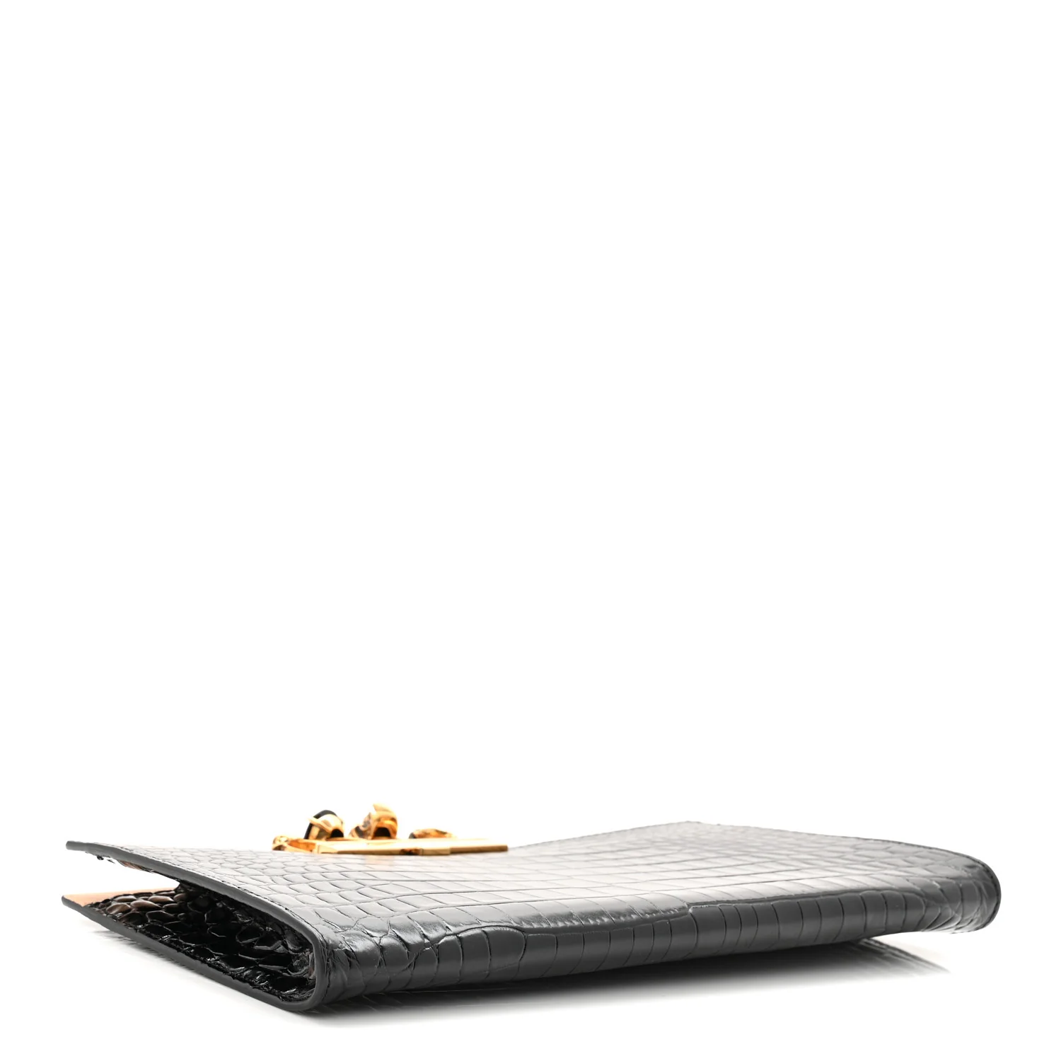 Calfskin Crocodile Embossed Knuckle Flat Clutch Black Gold - Image 7