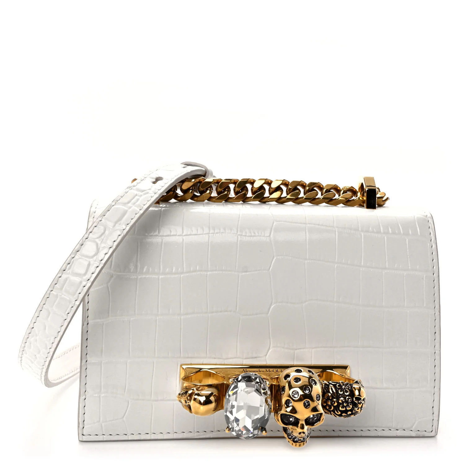 Calfskin Crocodile Embossed Mini Jeweled Satchel Deep Ivory