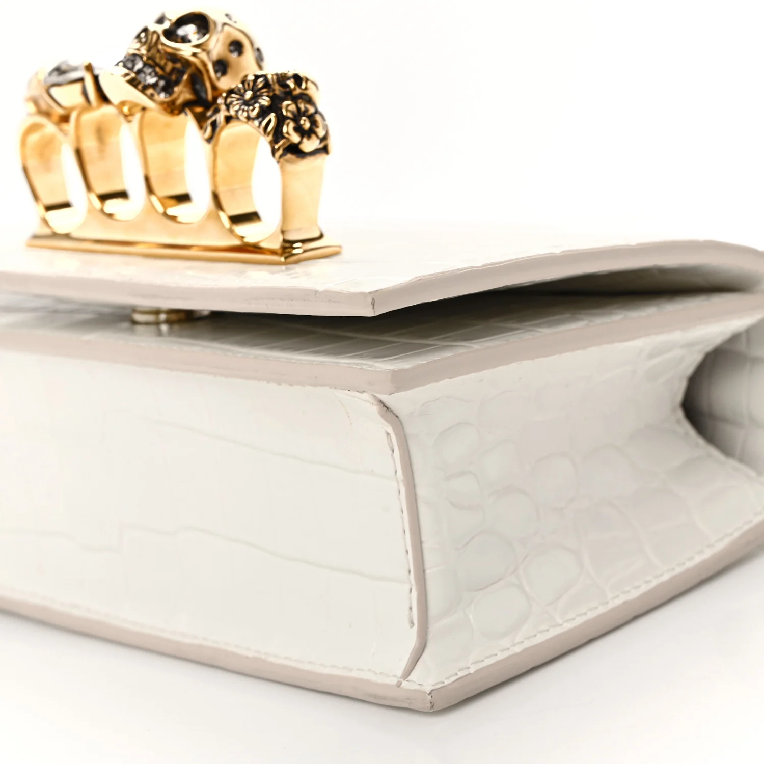 Calfskin Crocodile Embossed Mini Jeweled Satchel Deep Ivory - Image 10
