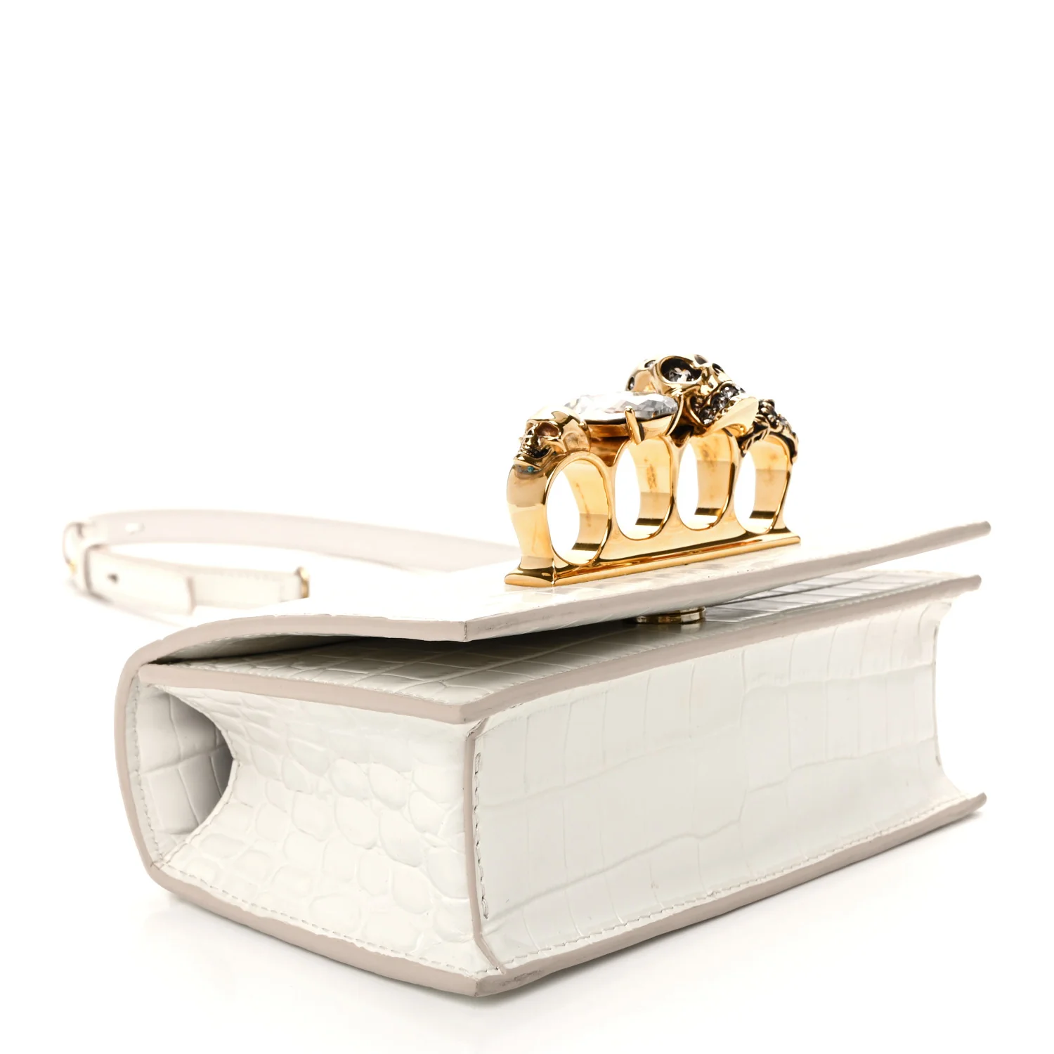 Calfskin Crocodile Embossed Mini Jeweled Satchel Deep Ivory - Image 4