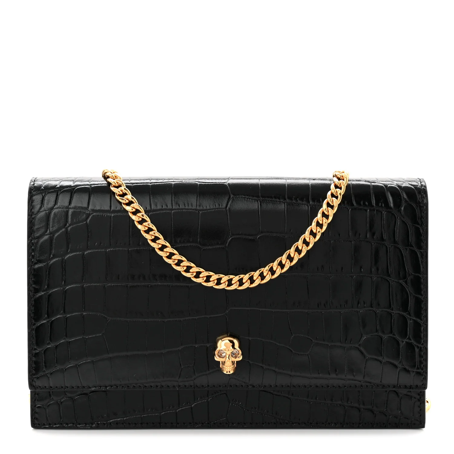Calfskin Crocodile Embossed Skull Medium Shoulder Bag Black