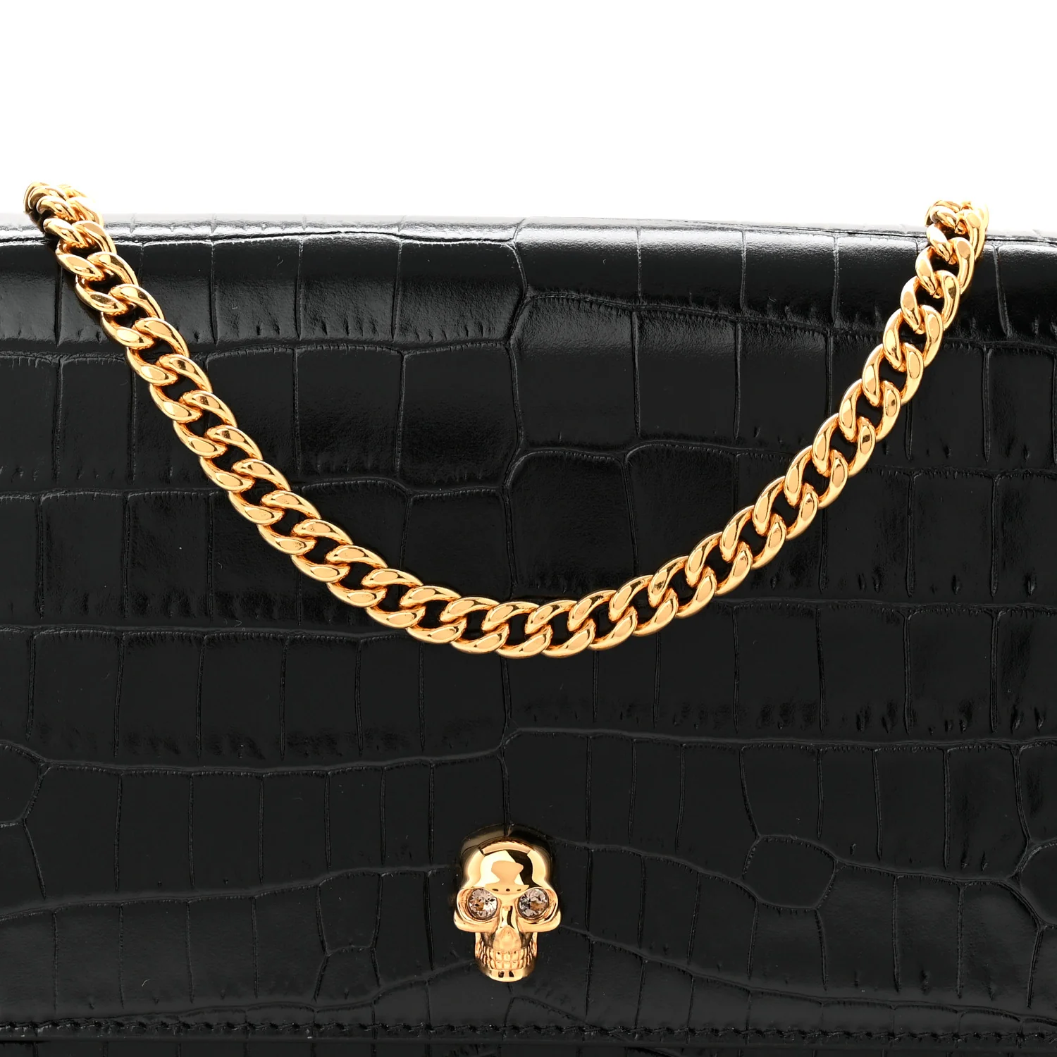 Calfskin Crocodile Embossed Skull Medium Shoulder Bag Black - Image 7