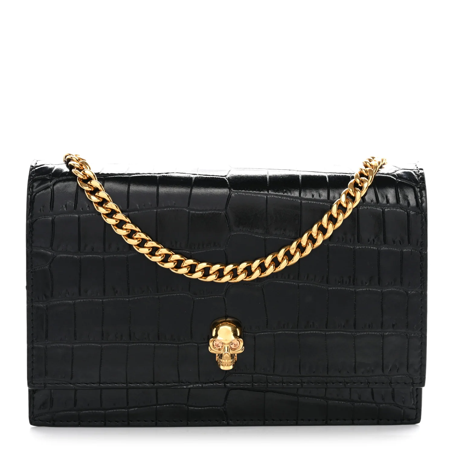 Calfskin Crocodile Embossed Skull Mini Crossbody Bag Black