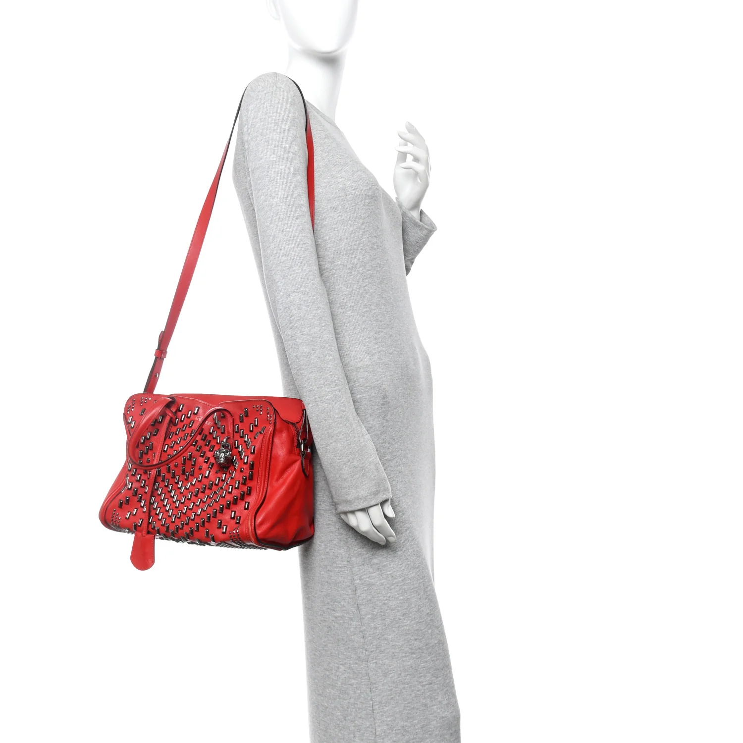 Calfskin Small Studded Padlock Zip Around Tote Red - Image 2