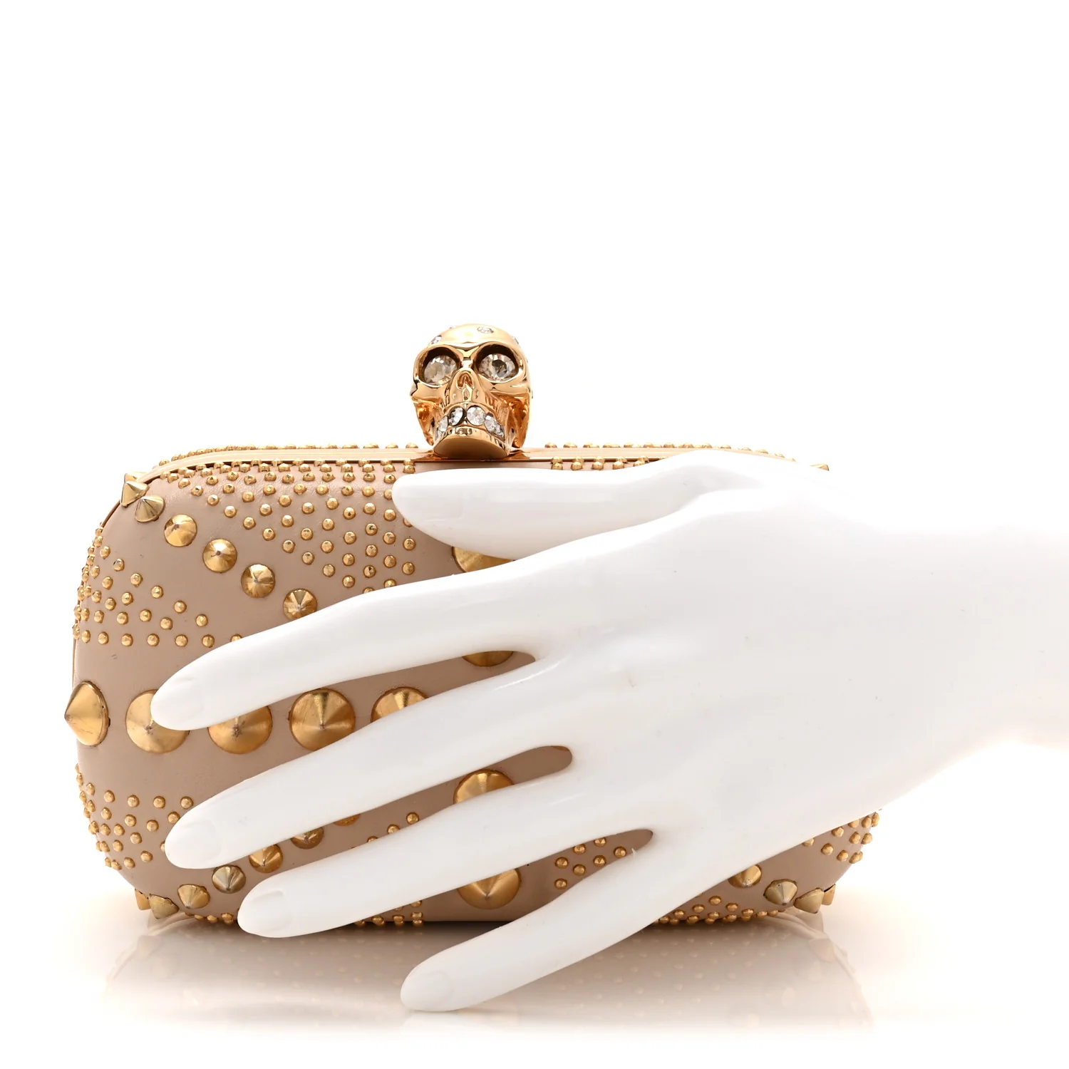 Calfskin Studded Britannia Skull Box Clutch Beige - Image 2