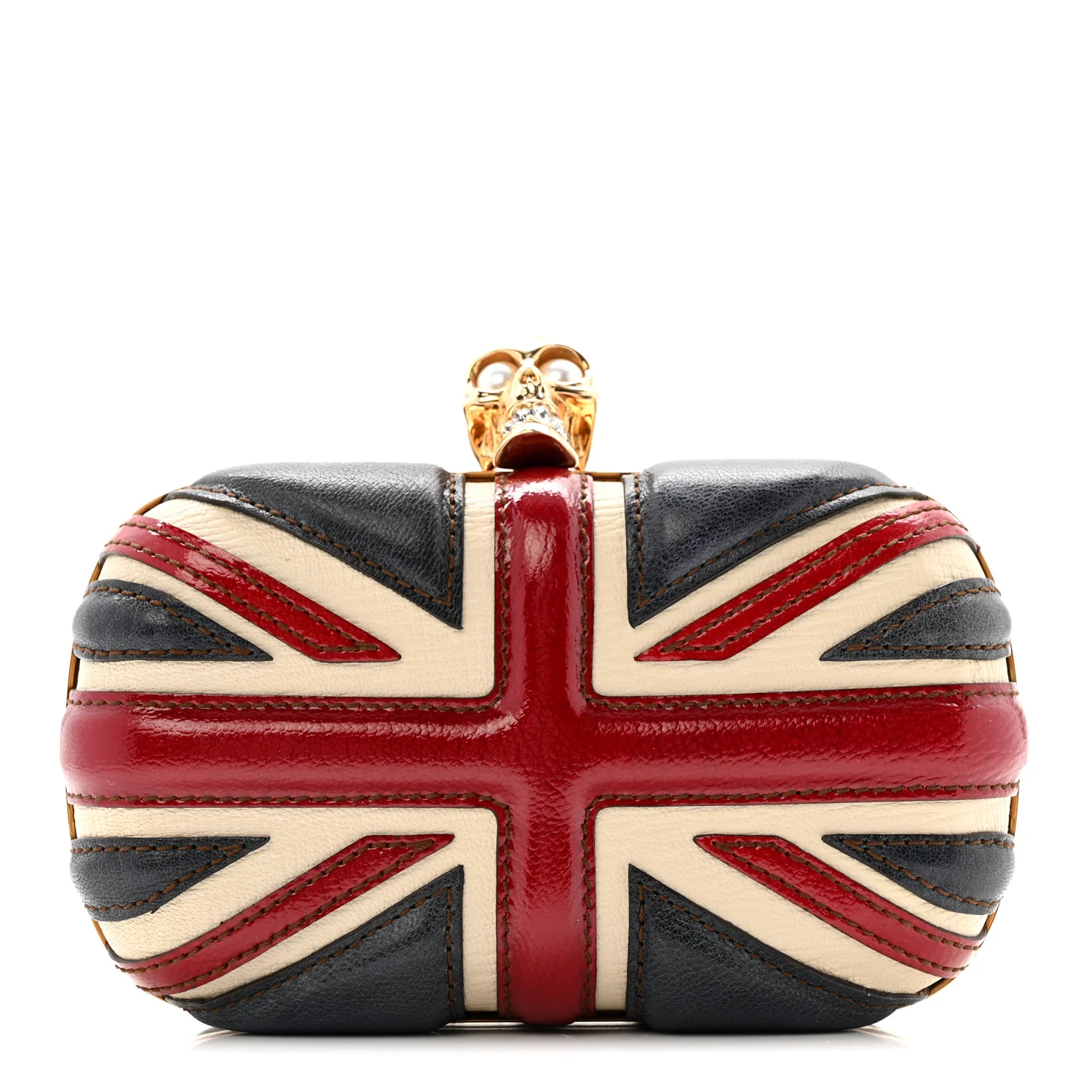 Patent Calfskin Britannia Skull Box Clutch Red Blue