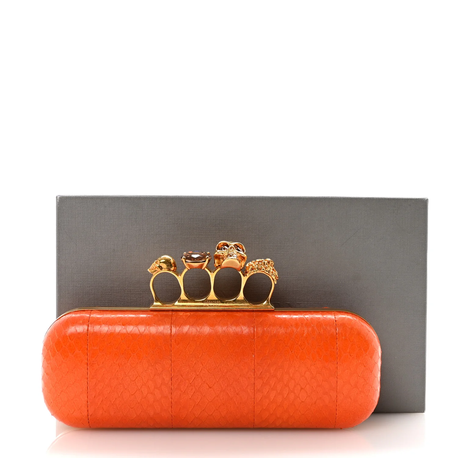 Snakeskin Knuckle Box Clutch Orange - Image 8