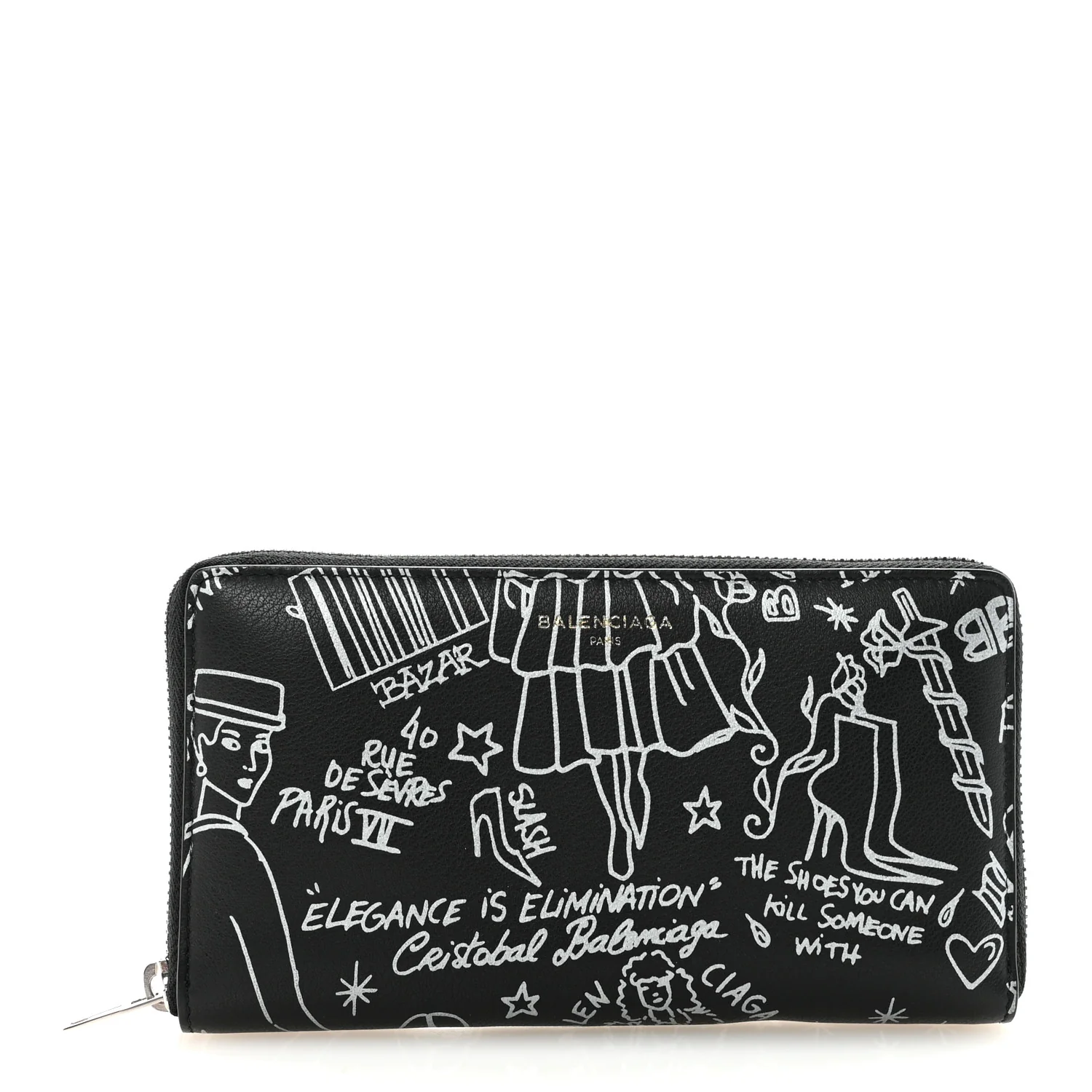 Calfskin Classic Silver Hardware Printed Tattoo Everyday Continental Zip Around Wallet Black