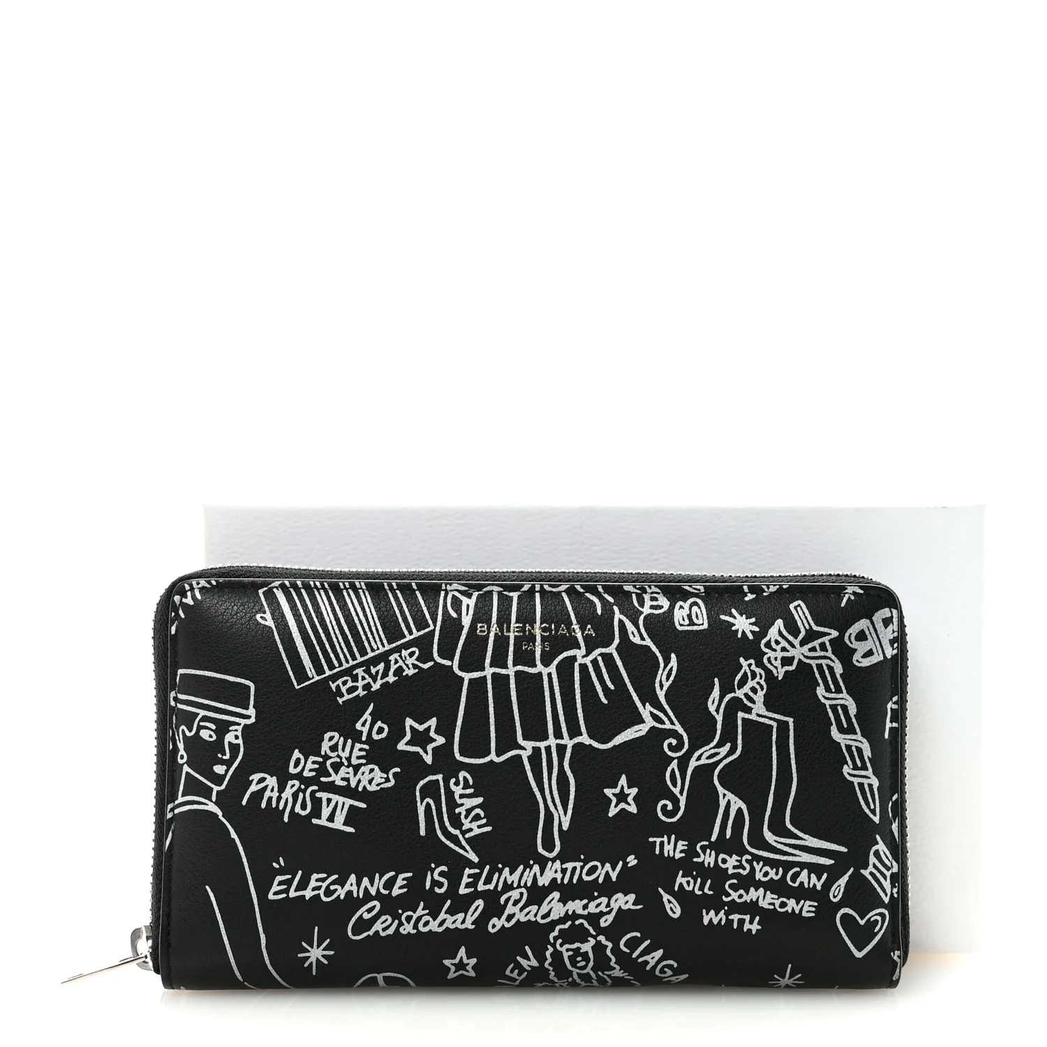 Calfskin Classic Silver Hardware Printed Tattoo Everyday Continental Zip Around Wallet Black - Image 7