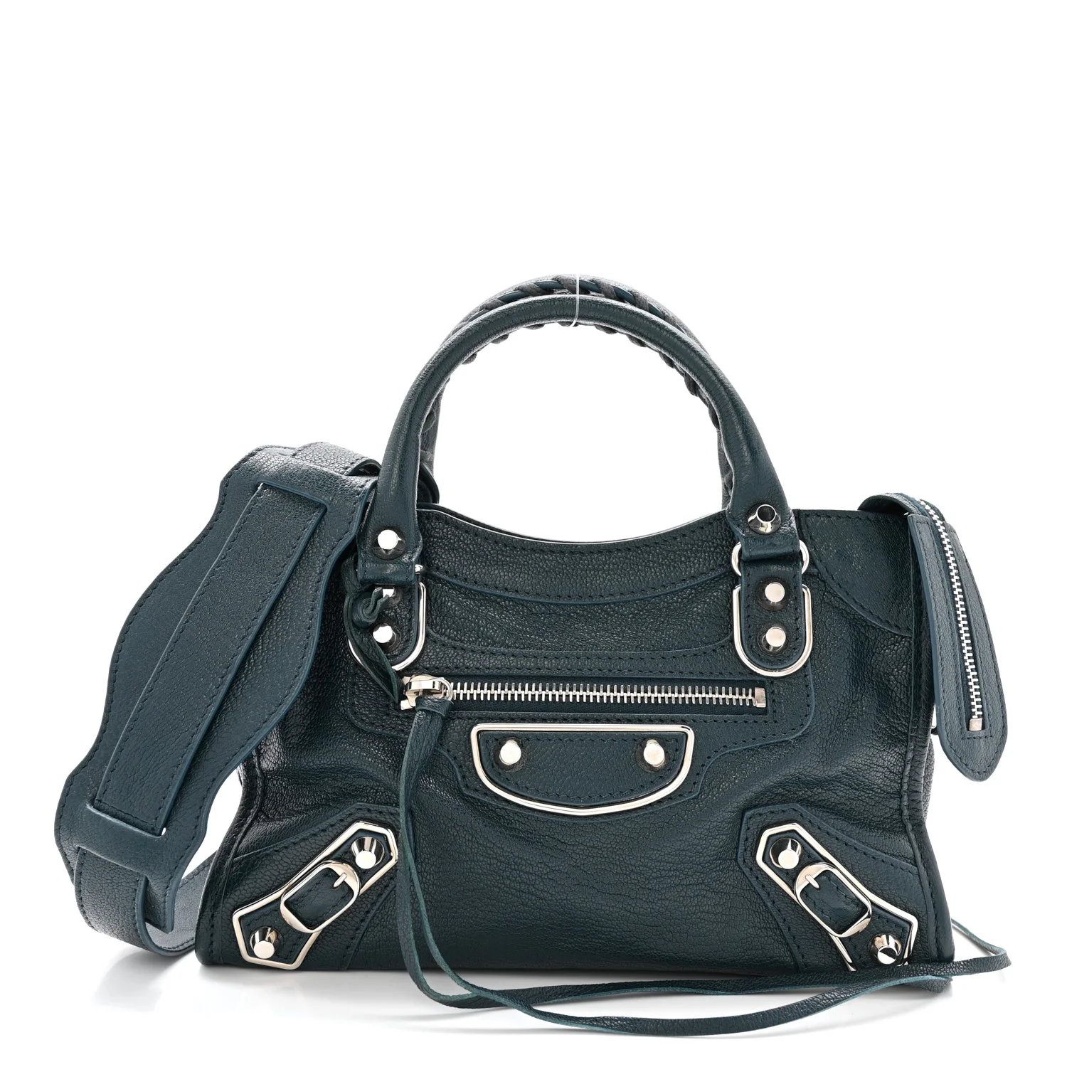 Chevre Silver Metallic Edge Hardware Mini City Bleu Paon