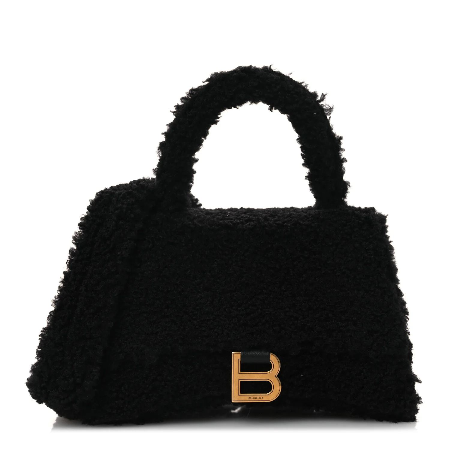 Curly Faux Shearling Small Hourglass Top Handle Bag Black