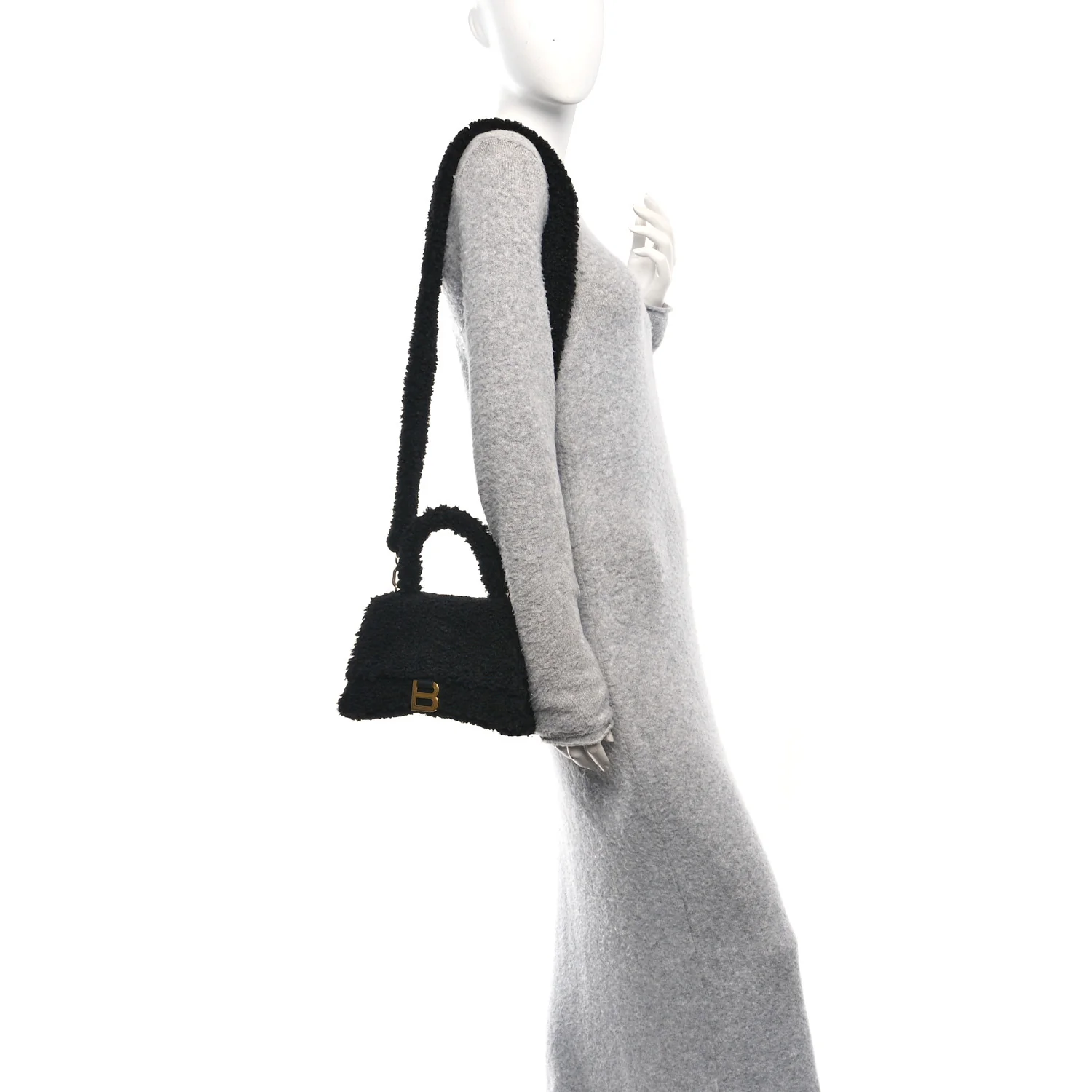 Curly Faux Shearling Small Hourglass Top Handle Bag Black - Image 2