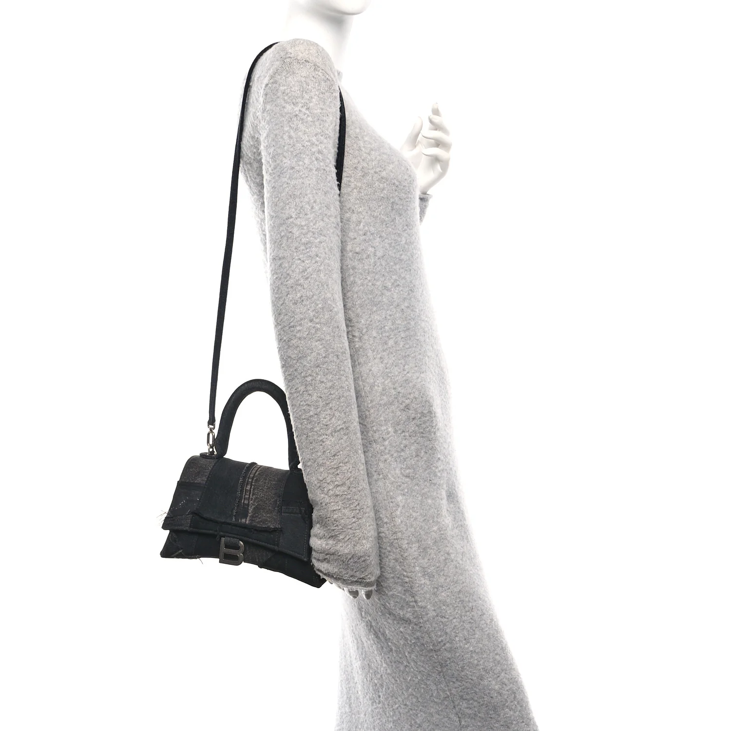 Denim Patchwork Small Hourglass Top Handle Bag Washed Black - Image 2