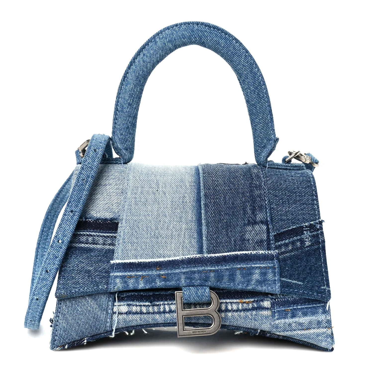 Denim Patchwork Small Hourglass Top Handle Bag Washed Blue