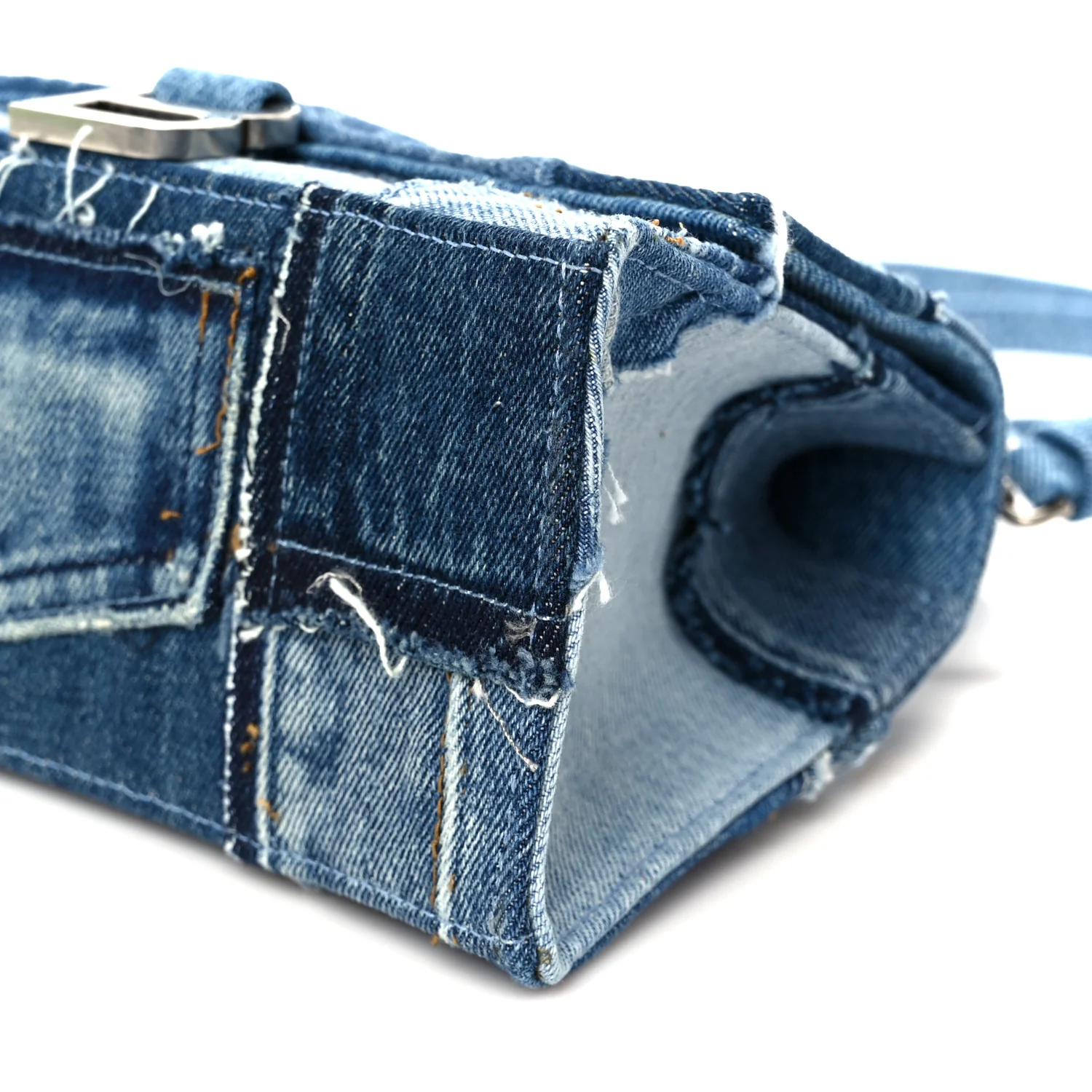 Denim Patchwork Small Hourglass Top Handle Bag Washed Blue - Image 10
