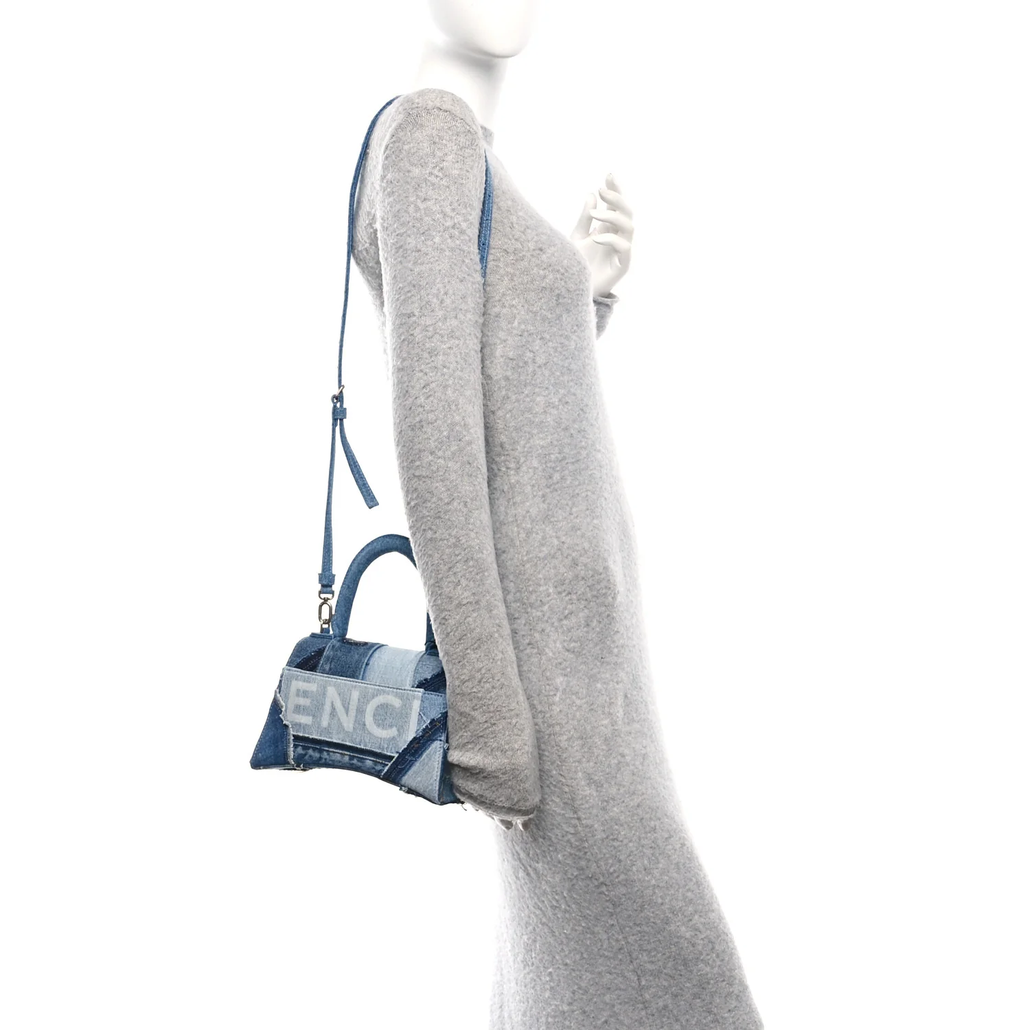 Denim Patchwork Small Hourglass Top Handle Bag Washed Blue - Image 2
