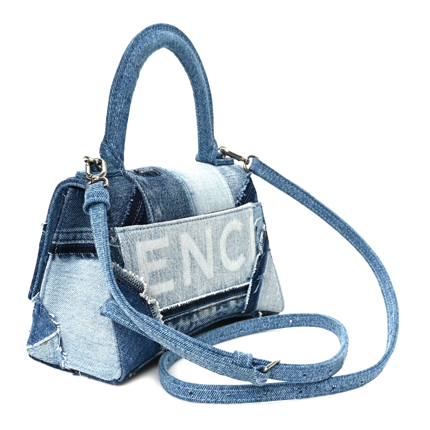 Denim Patchwork Small Hourglass Top Handle Bag Washed Blue - Image 3