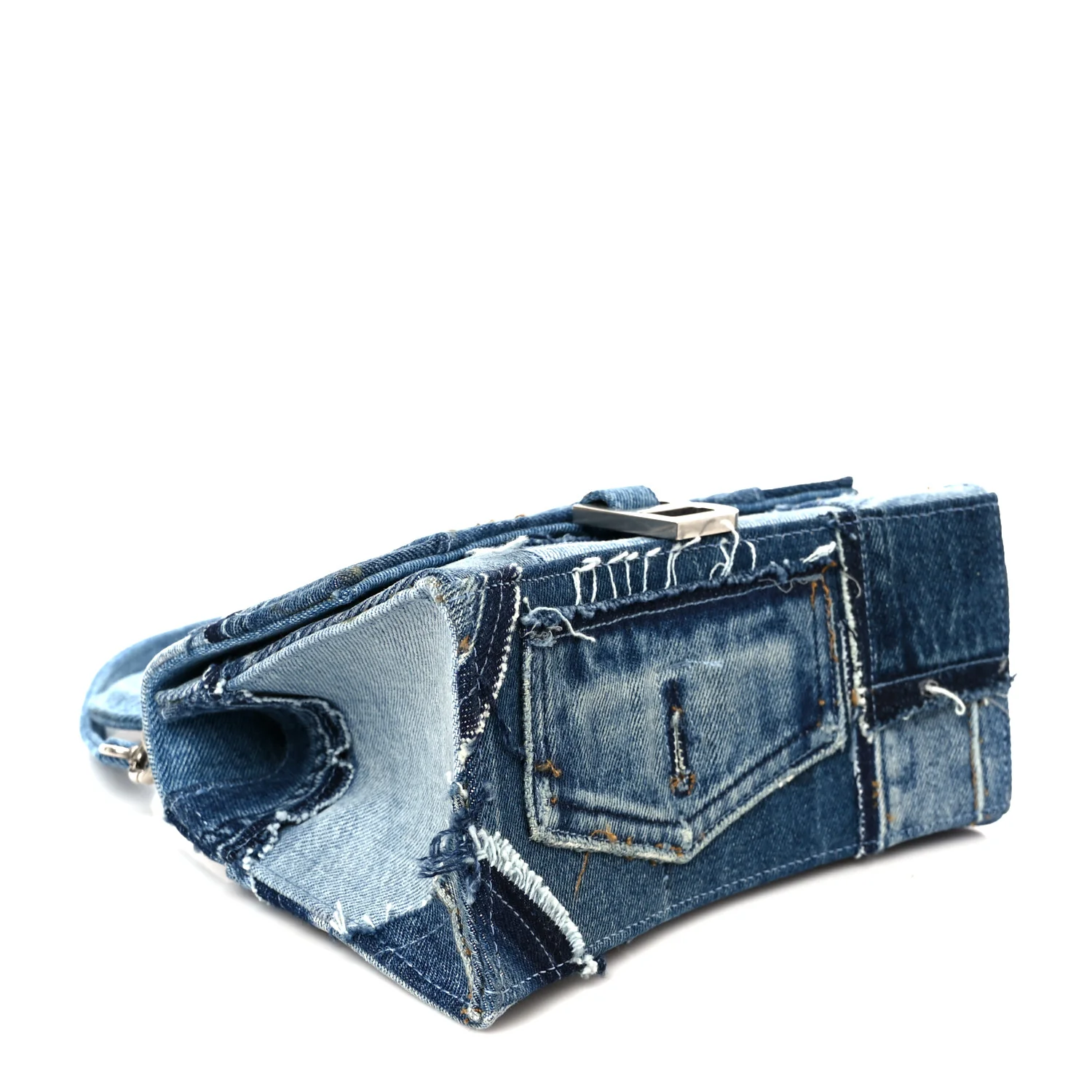 Denim Patchwork Small Hourglass Top Handle Bag Washed Blue - Image 4