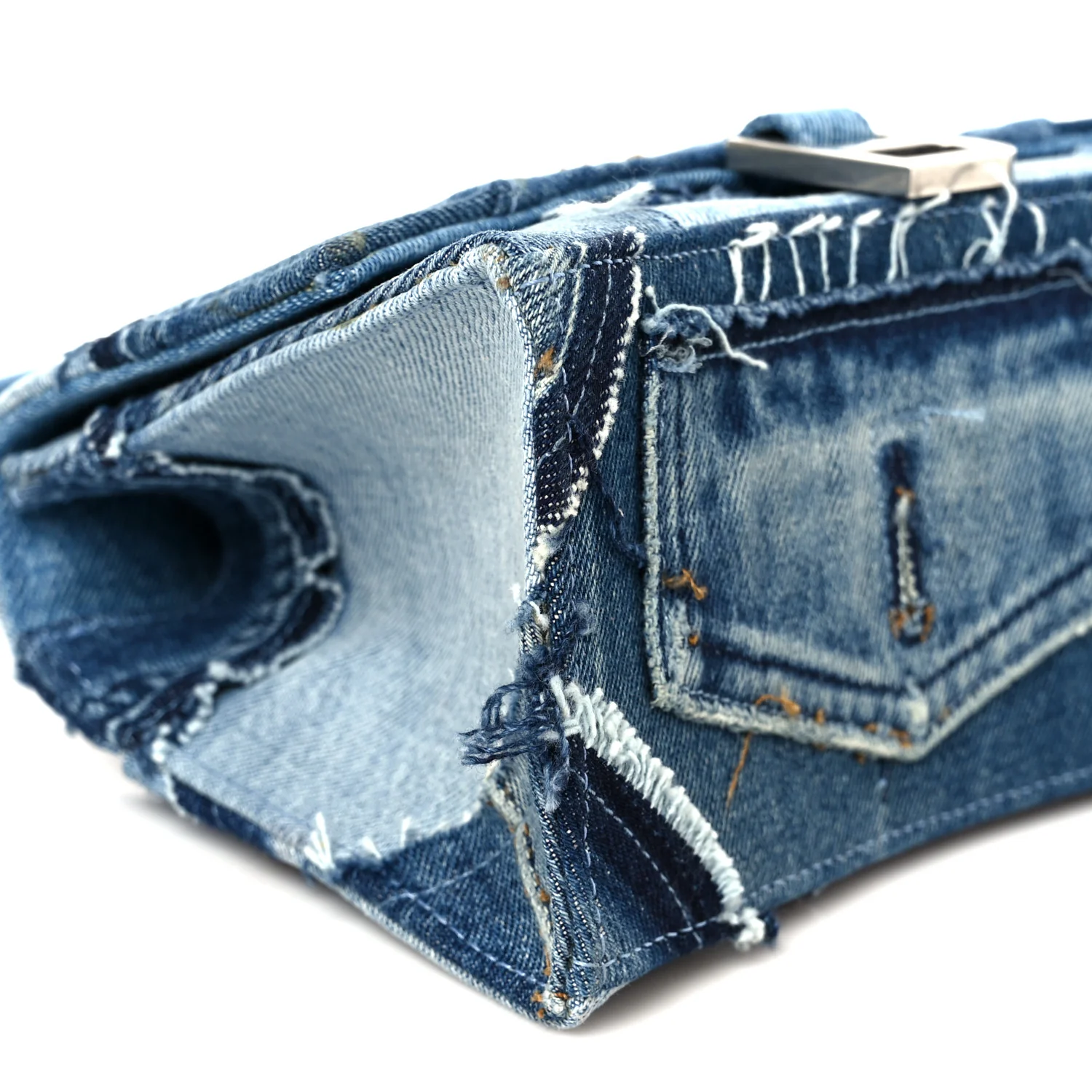 Denim Patchwork Small Hourglass Top Handle Bag Washed Blue - Image 9