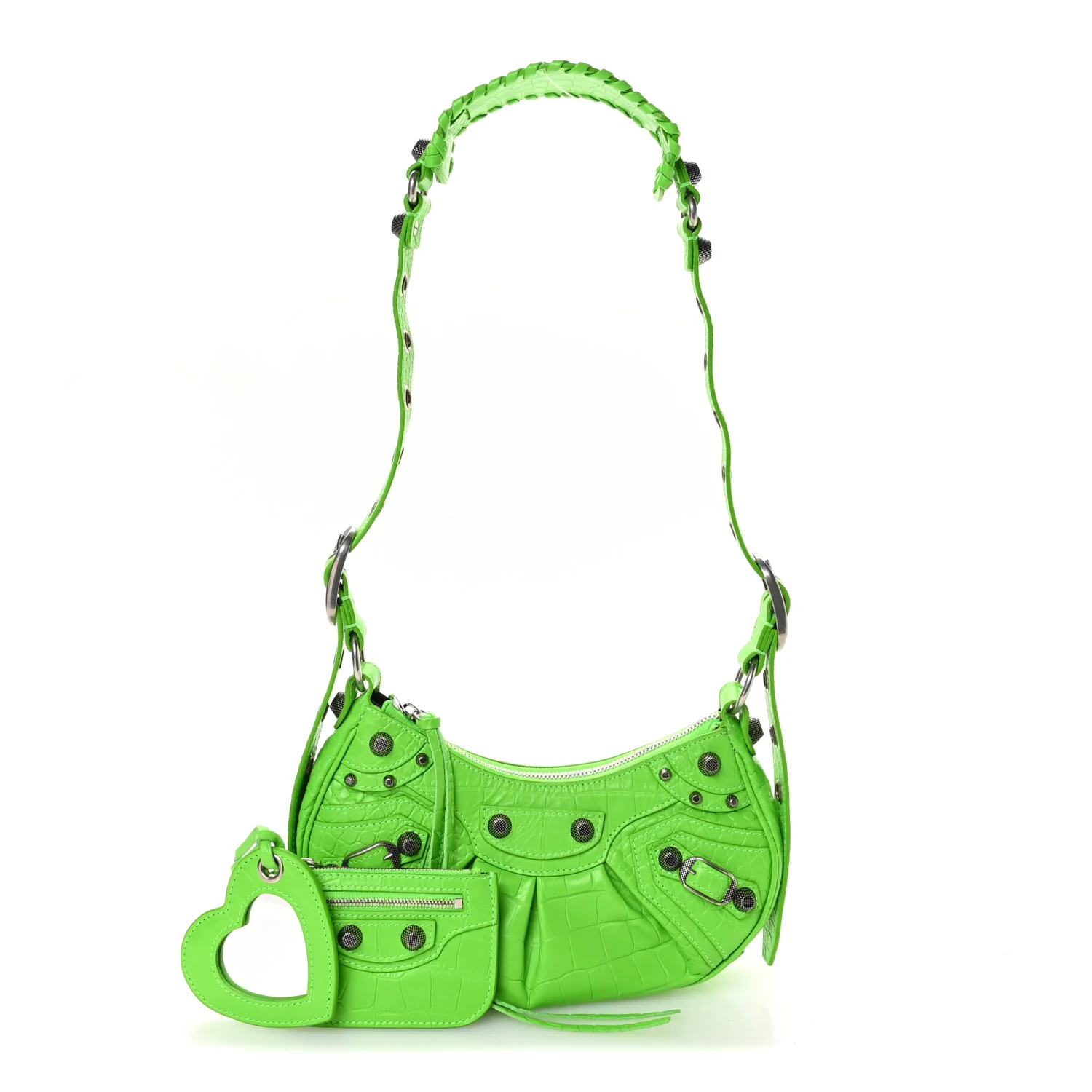 Extra Supple Calfskin Crocodile Embossed Le Cagole Shoulder Bag XS Acid Green - Image 3