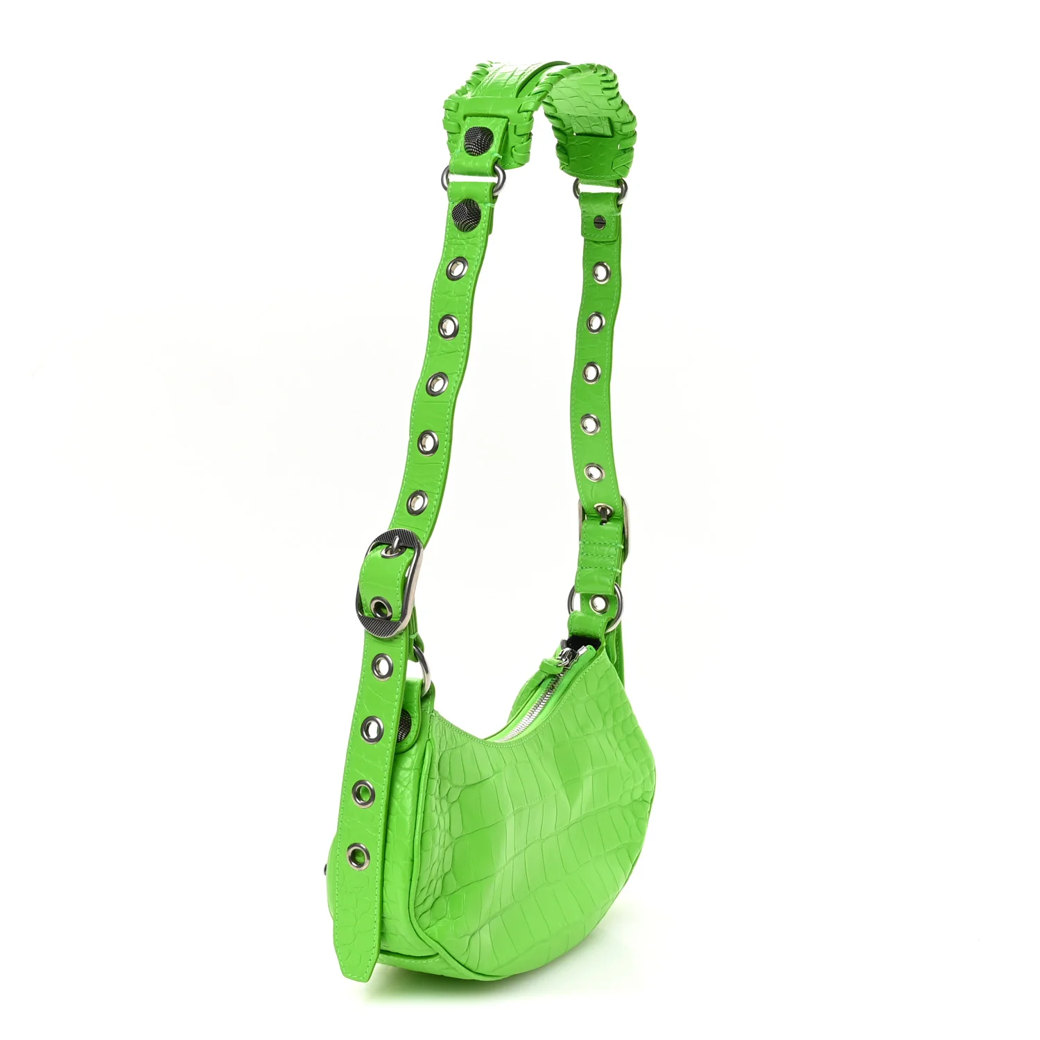Extra Supple Calfskin Crocodile Embossed Le Cagole Shoulder Bag XS Acid Green - Image 4