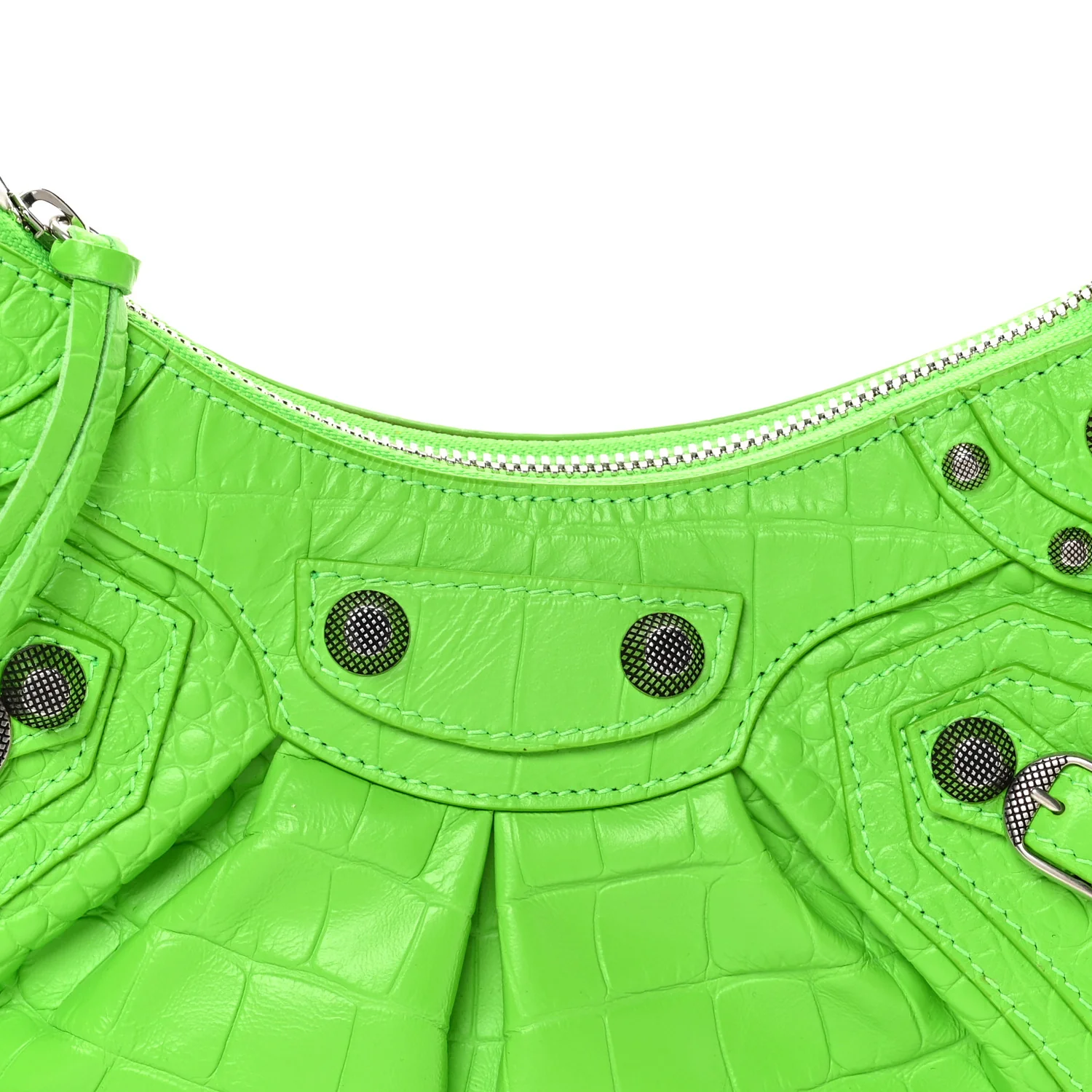 Extra Supple Calfskin Crocodile Embossed Le Cagole Shoulder Bag XS Acid Green - Image 9