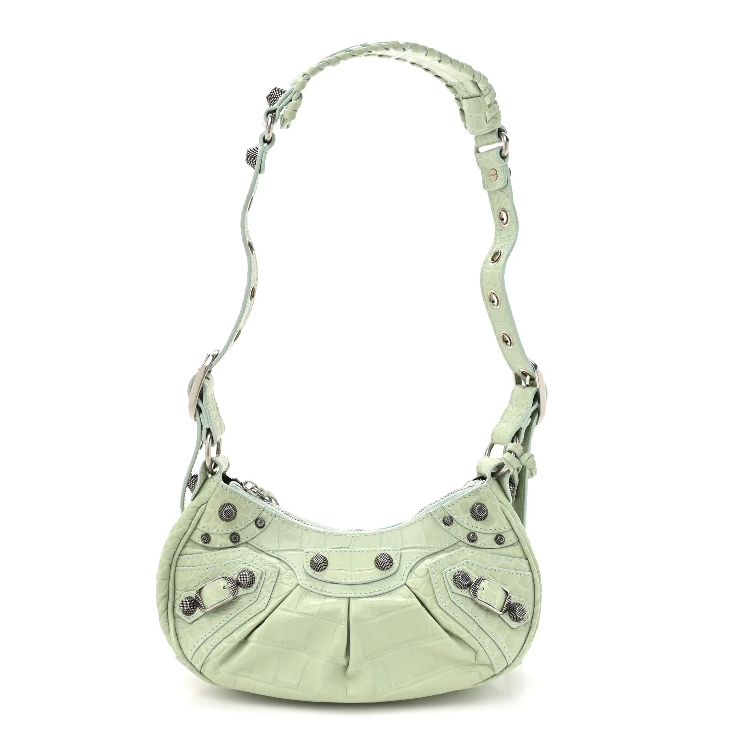 Extra Supple Calfskin Crocodile Embossed Le Cagole Shoulder Bag XS Light Green