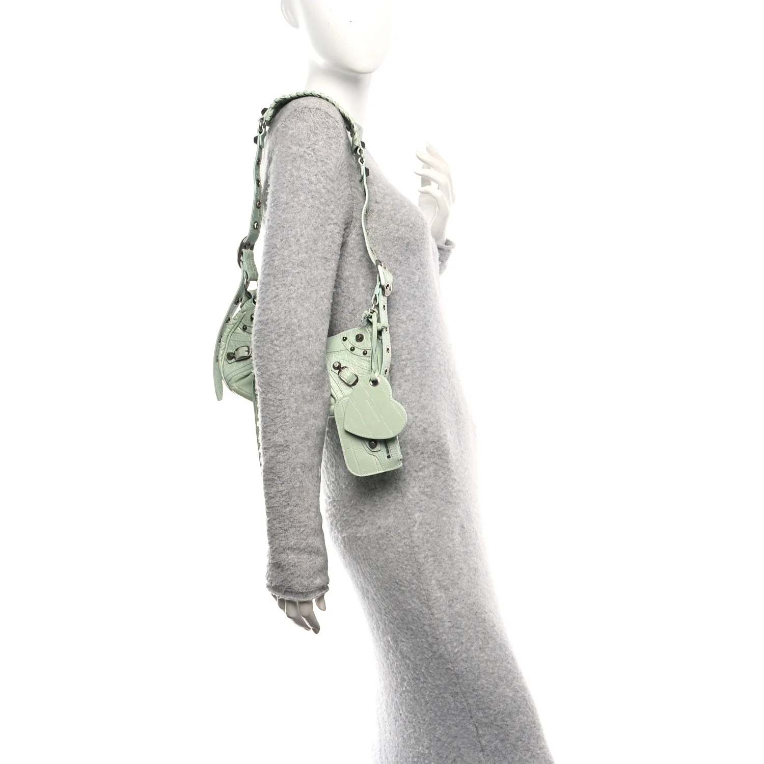 Extra Supple Calfskin Crocodile Embossed Le Cagole Shoulder Bag XS Light Green - Image 2